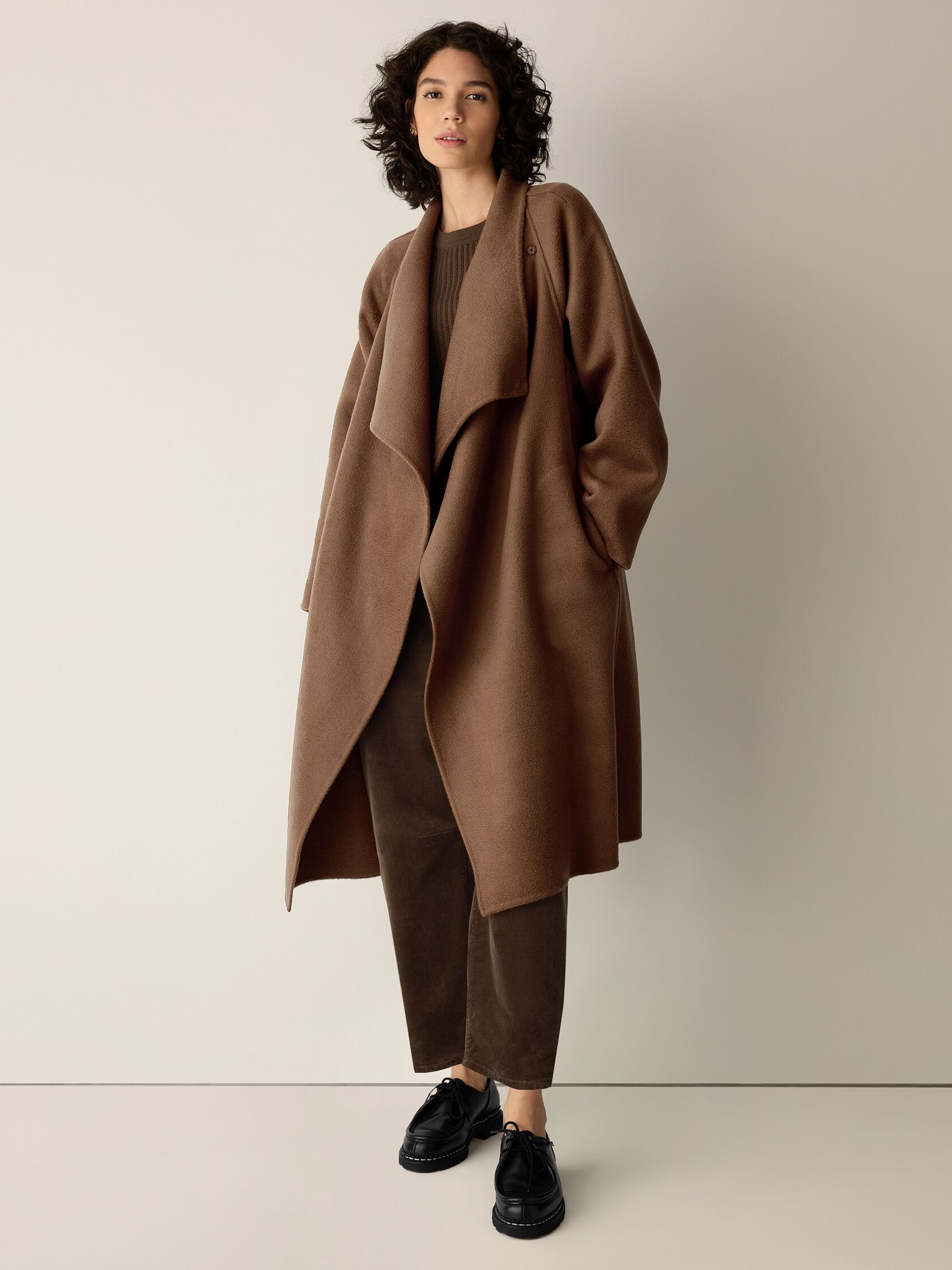 Lustrous Wool Drape Neck Coat