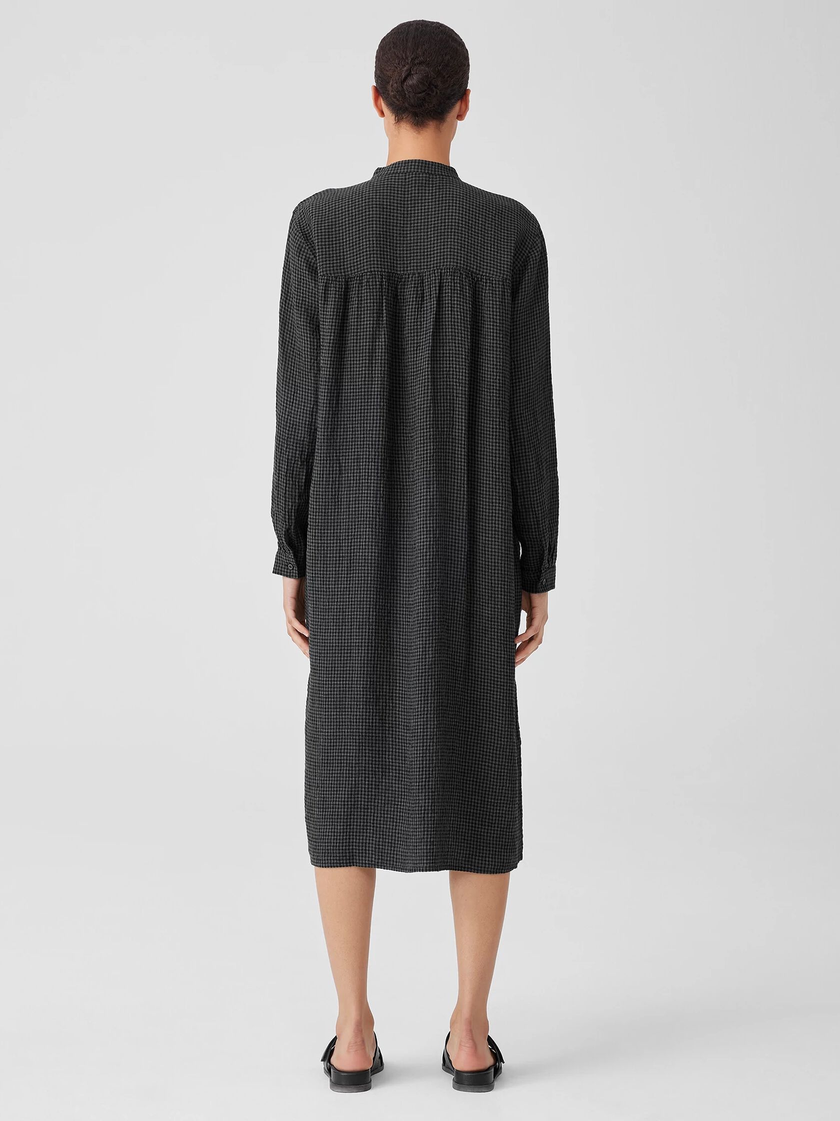 Puckered Organic Linen Mandarin Collar Shirtdress