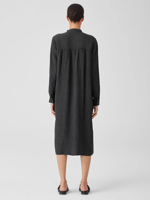 Puckered Organic Linen Mandarin Collar Shirtdress