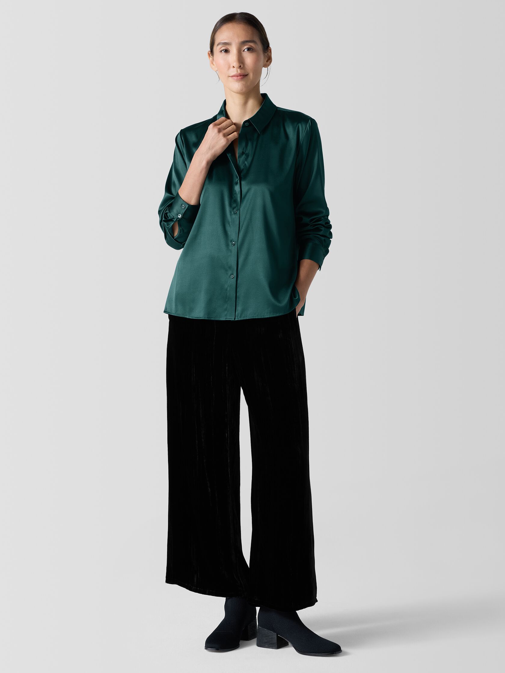 Stretch Silk Charmeuse Classic Collar Shirt