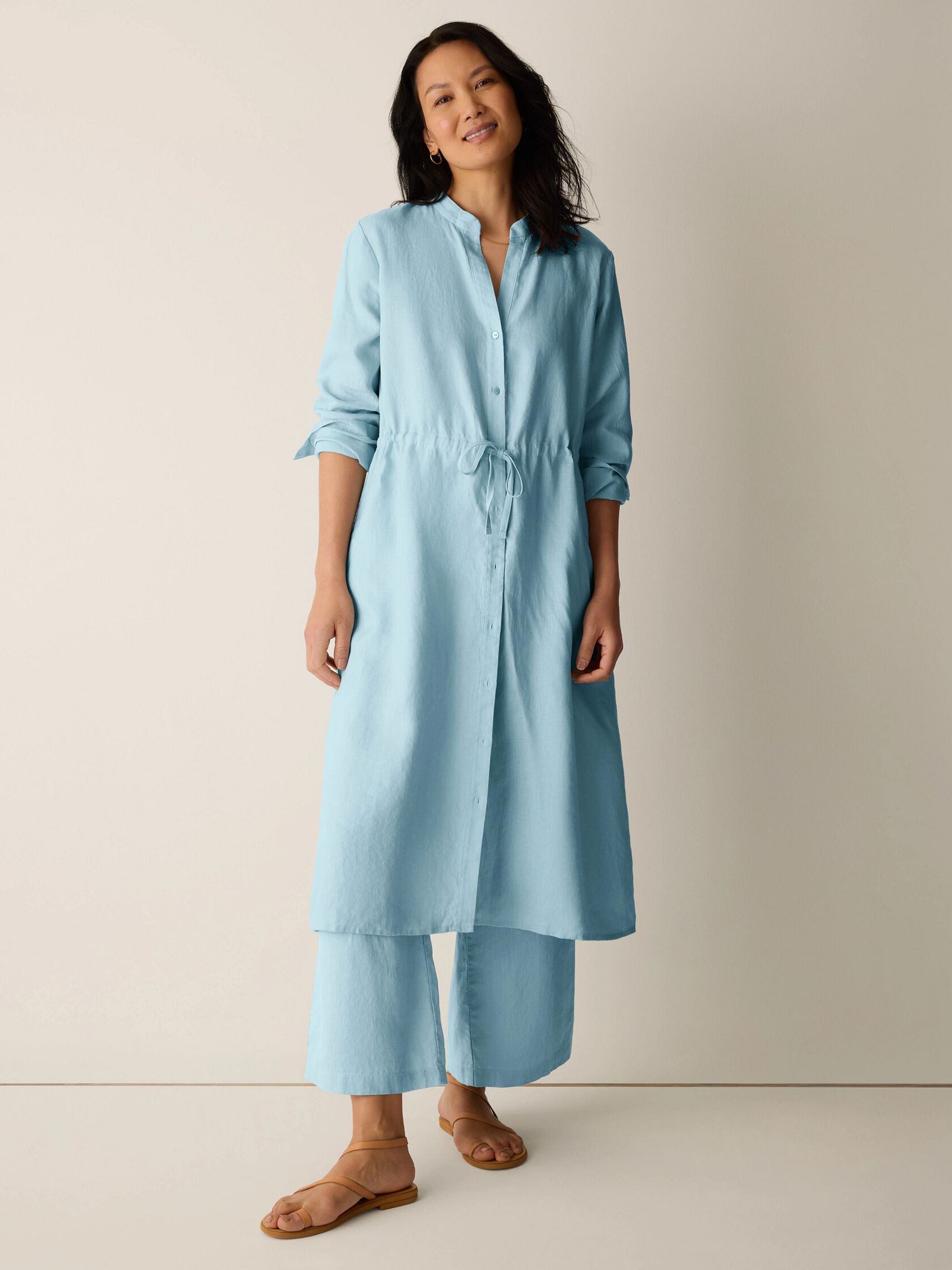 Organic Linen Band Collar Shirtdress