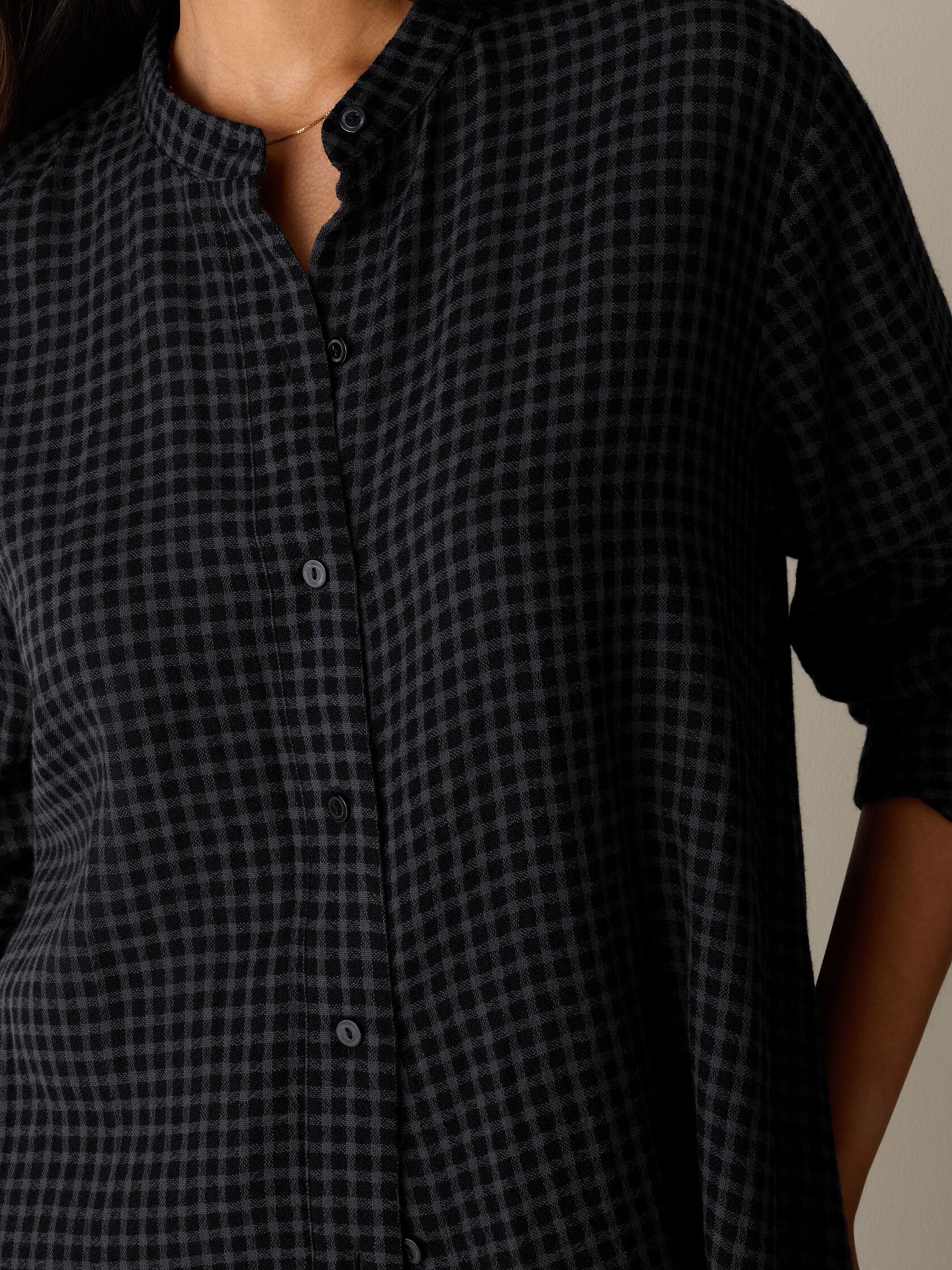 Wool Cotton Check Band Collar Shirtdress