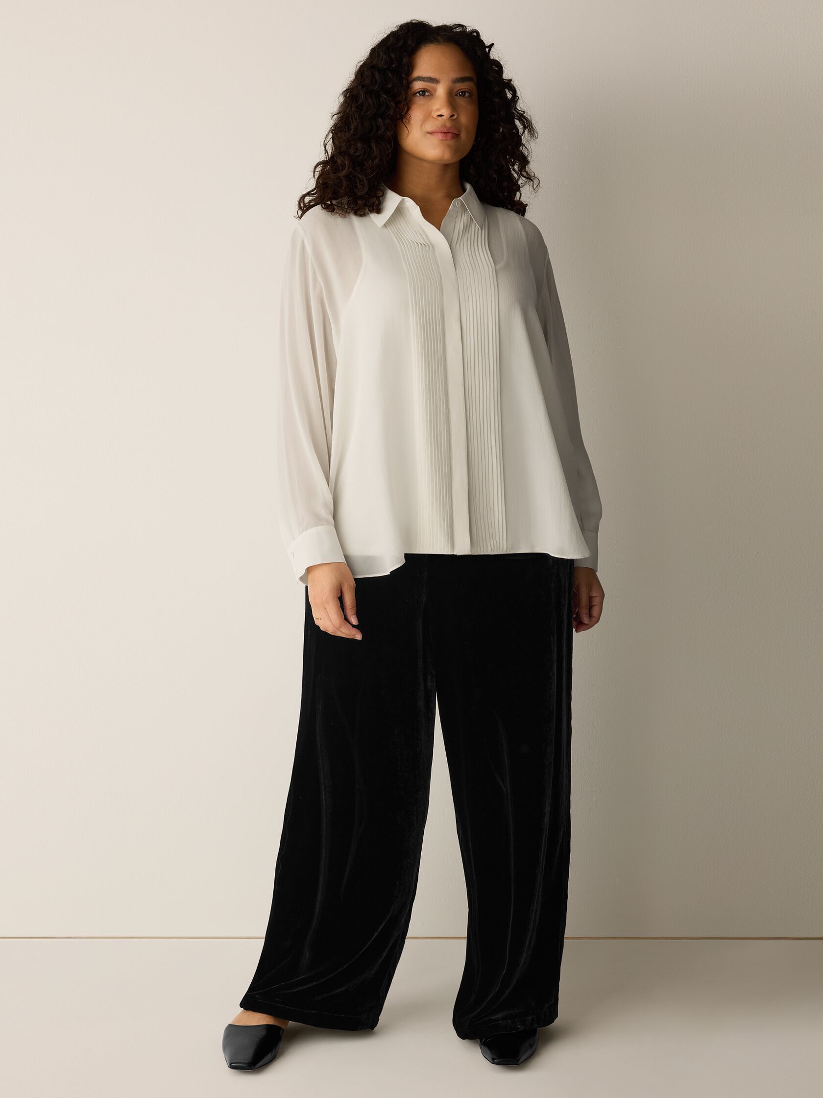 Sheer Silk Georgette Classic Collar Pintuck Shirt