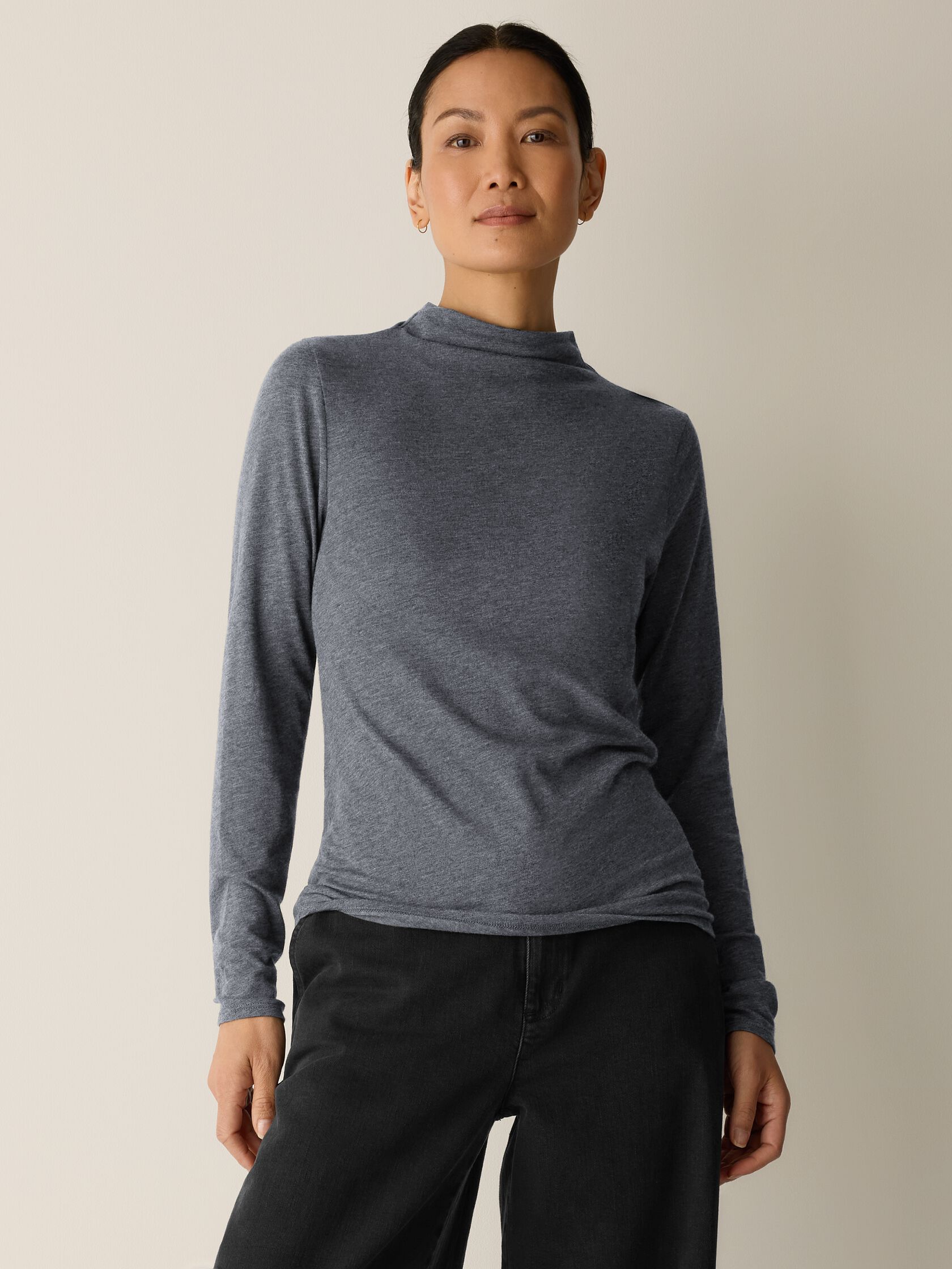 M&eacute;lange Sheer Cotton Blend Knit Funnel Neck Top