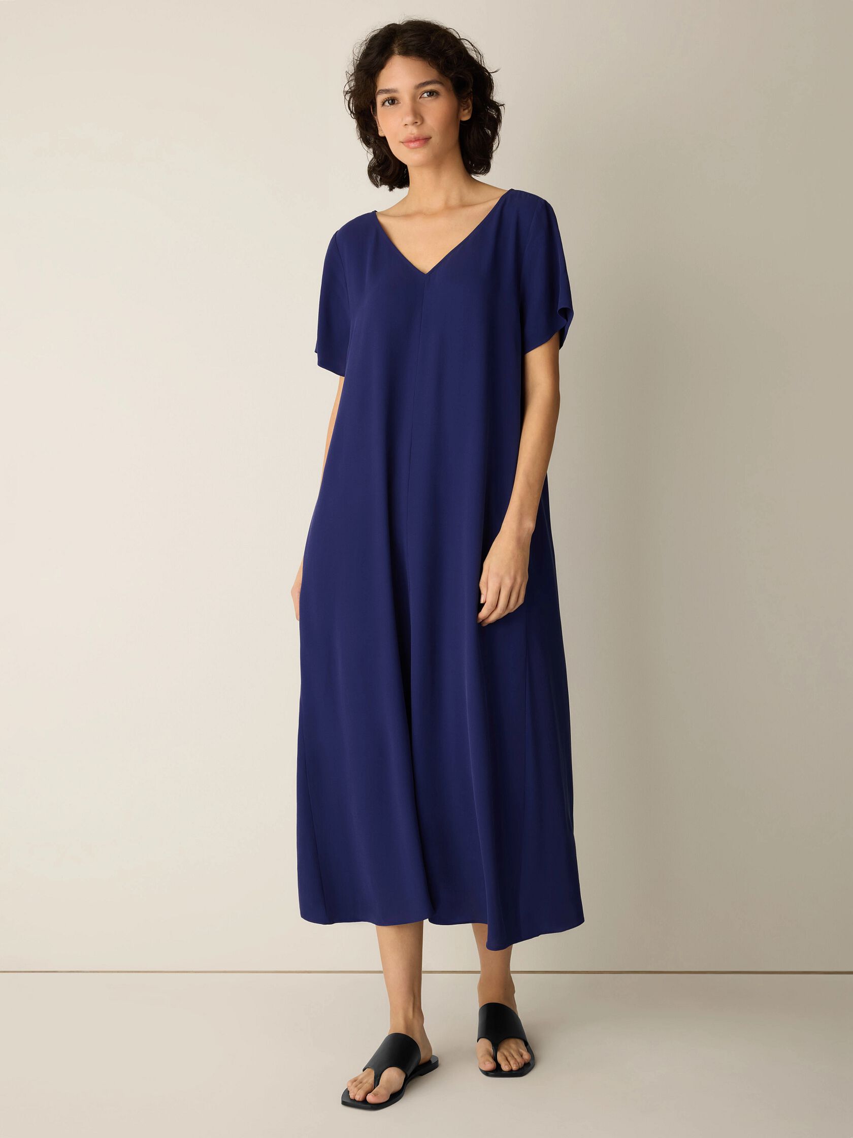 Silk Georgette Crepe V-Neck Dress