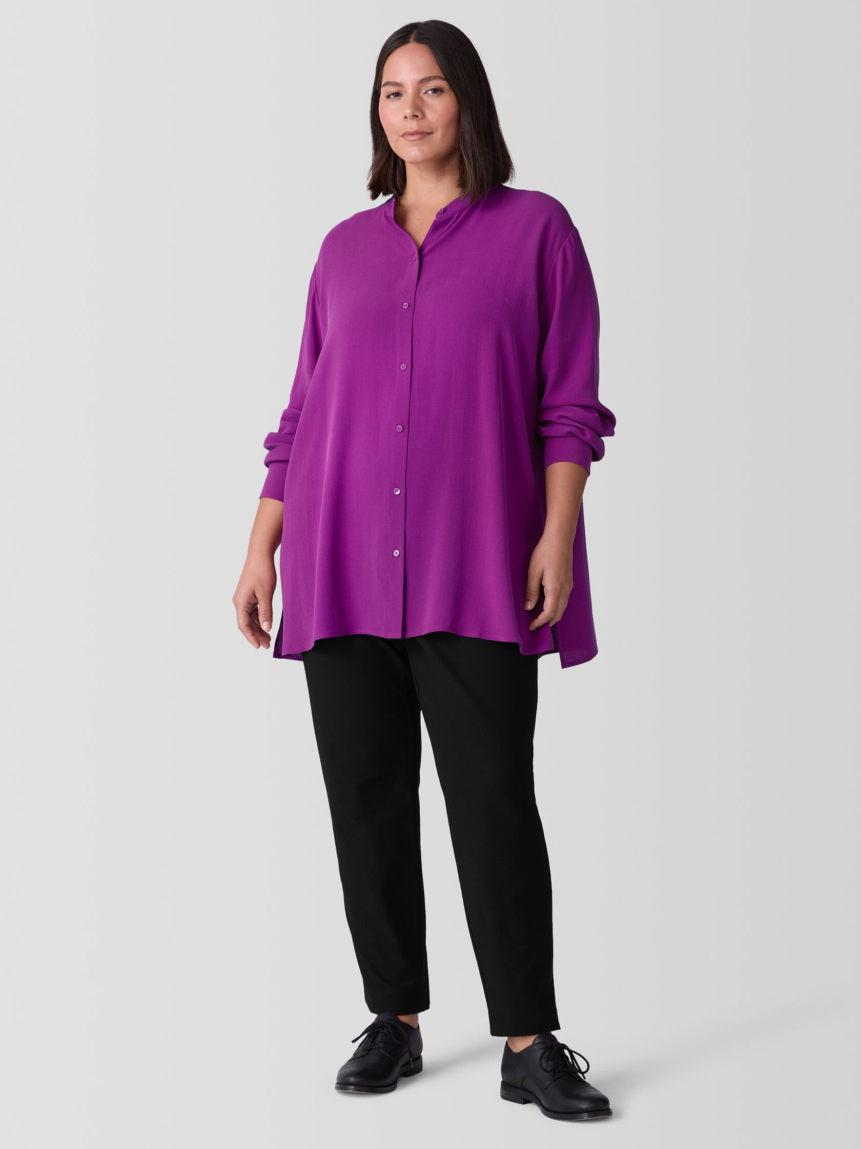 Silk Georgette Crepe Band Collar Shirt