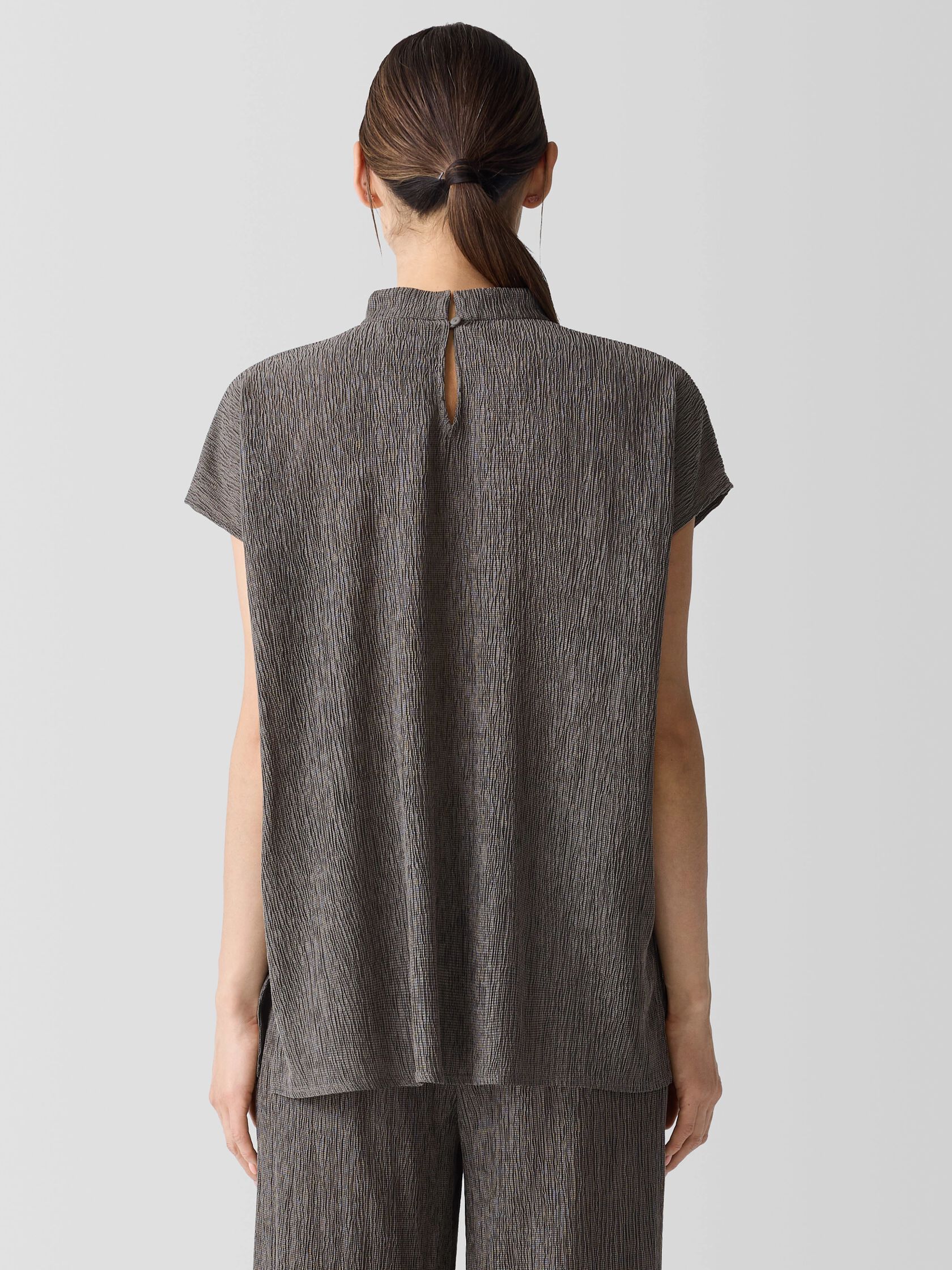 Woven Plissé Mock Neck Top