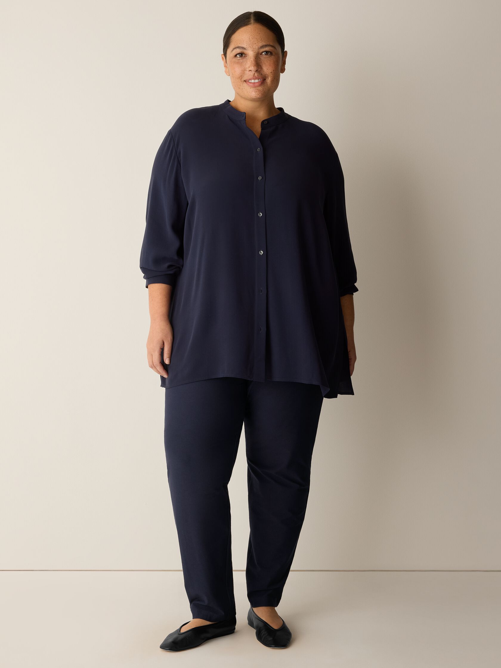 Silk Georgette Crepe Band Collar Shirt