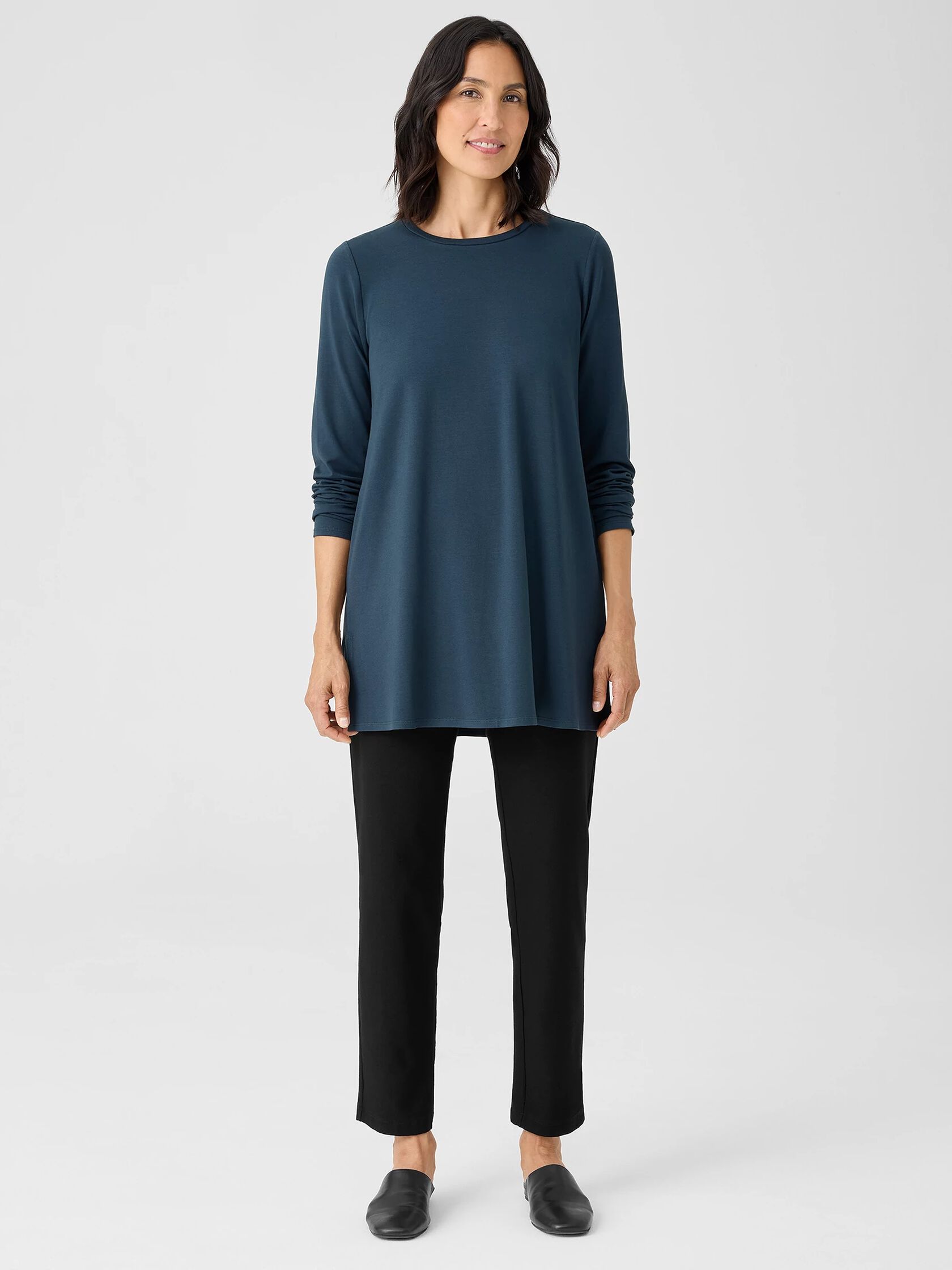 Stretch Jersey Knit Crew Neck Long Top