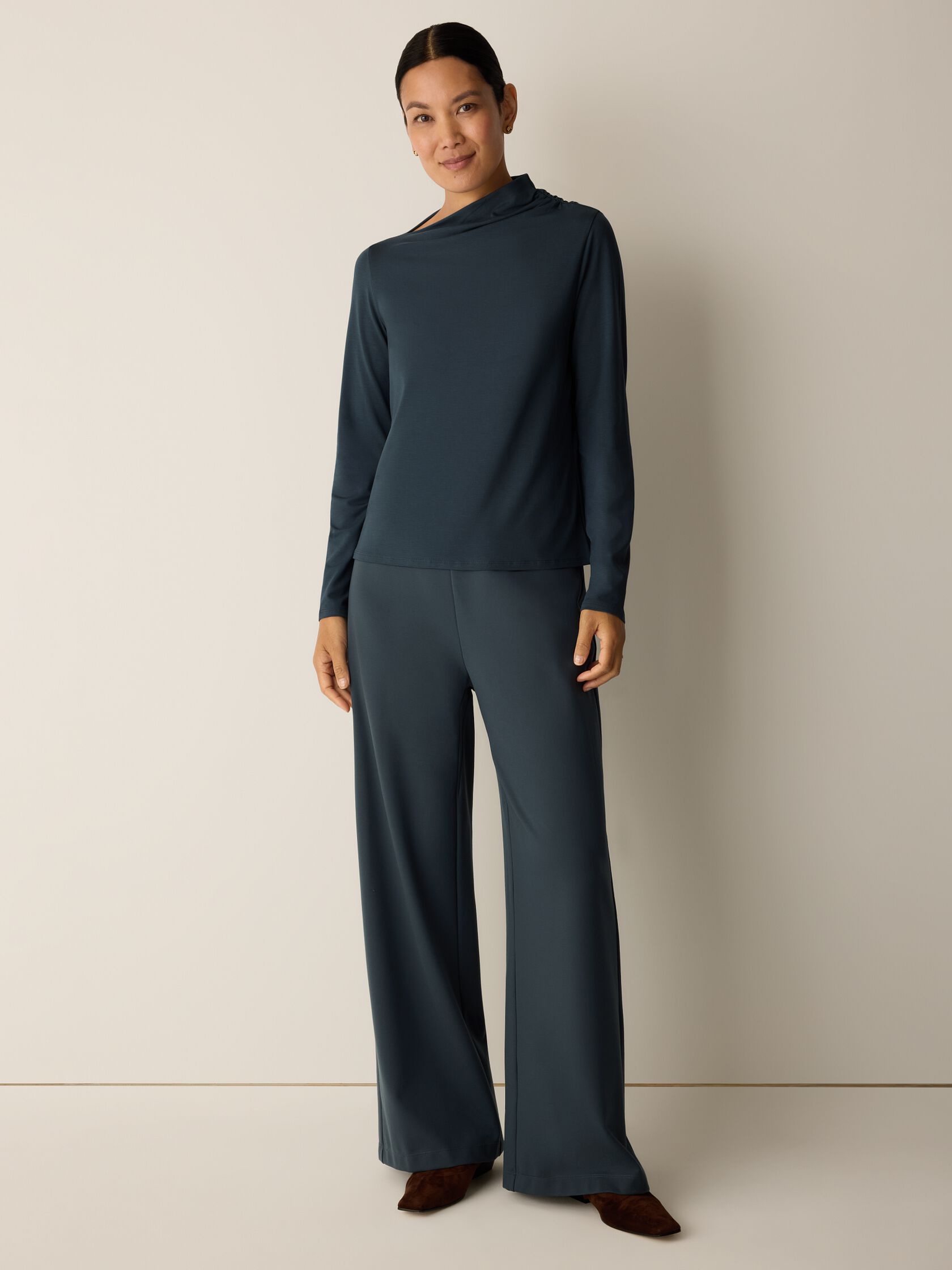 Stretch Jersey Knit Drape Neck Top