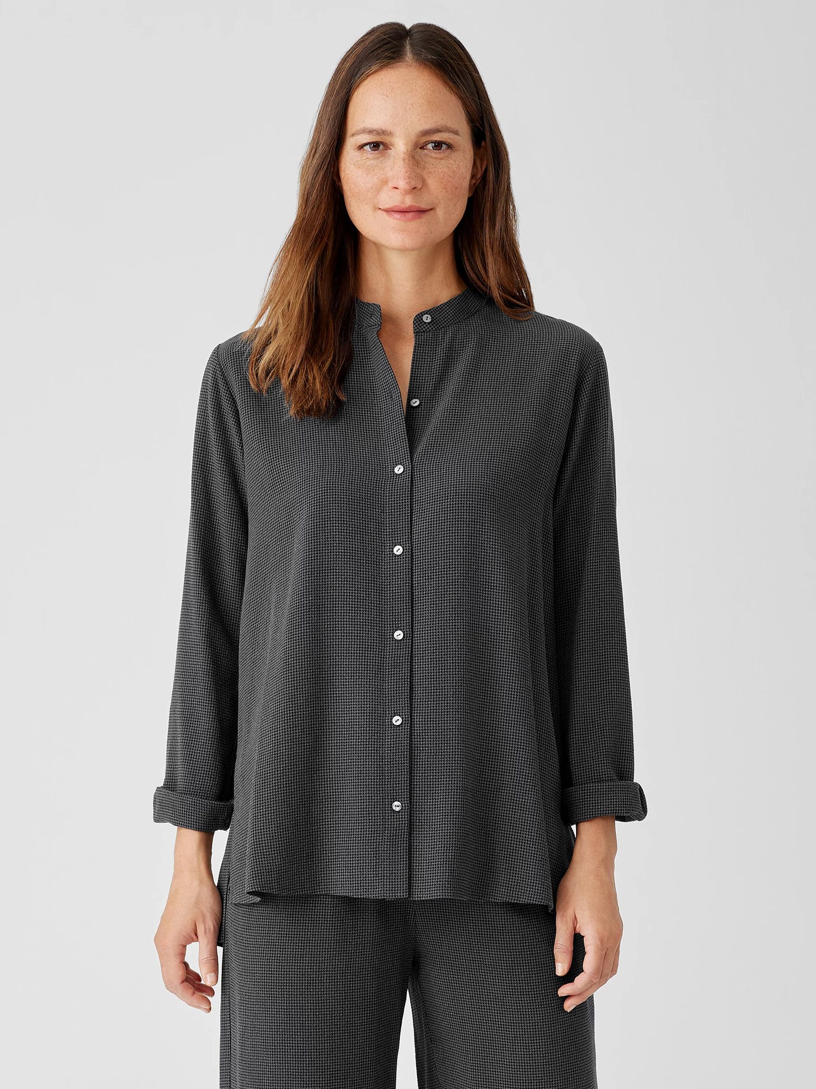 Mini Check Crepe Mandarin Collar Top