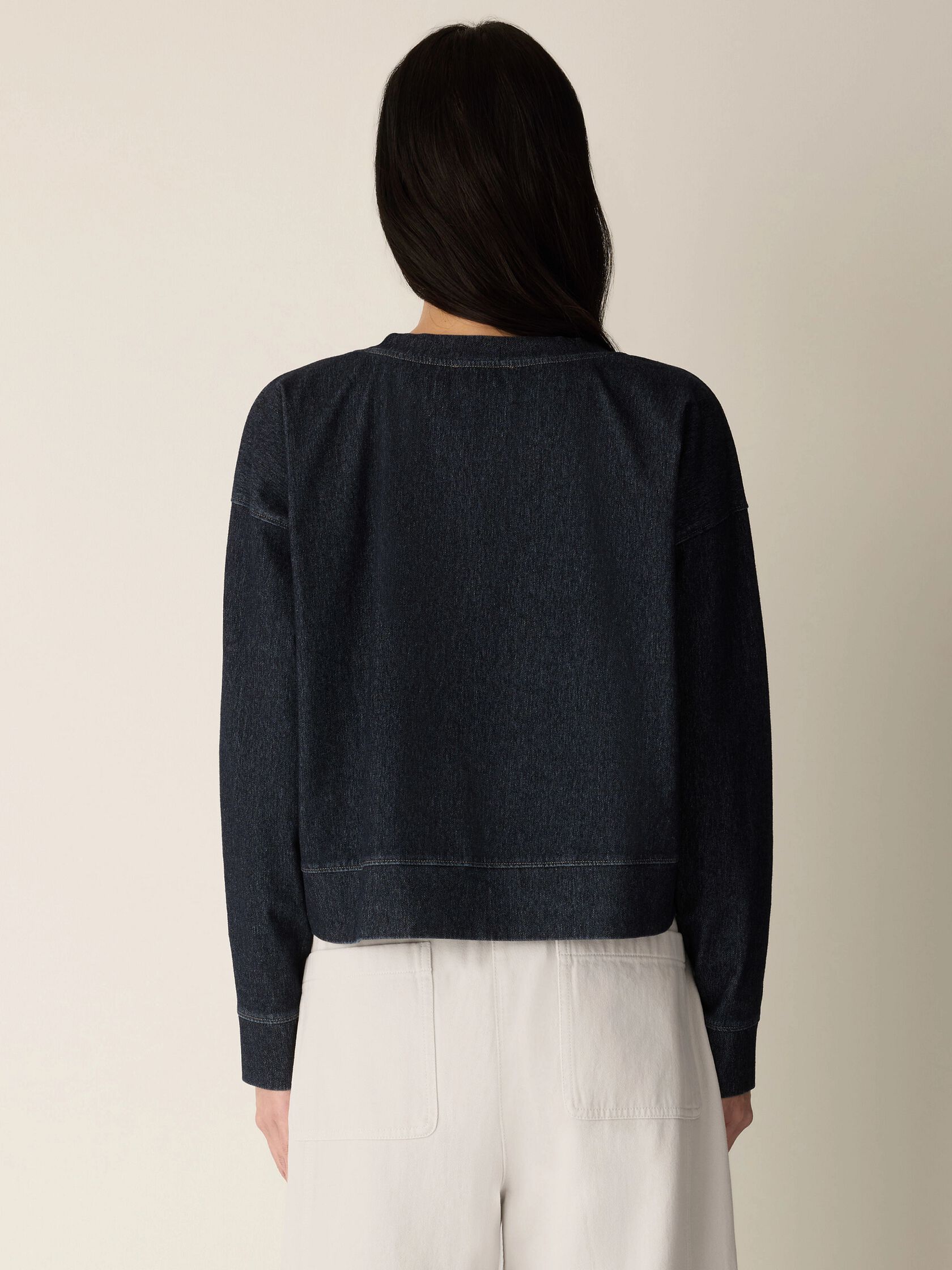 Cotton Indigo Knit Denim Crew Neck Top