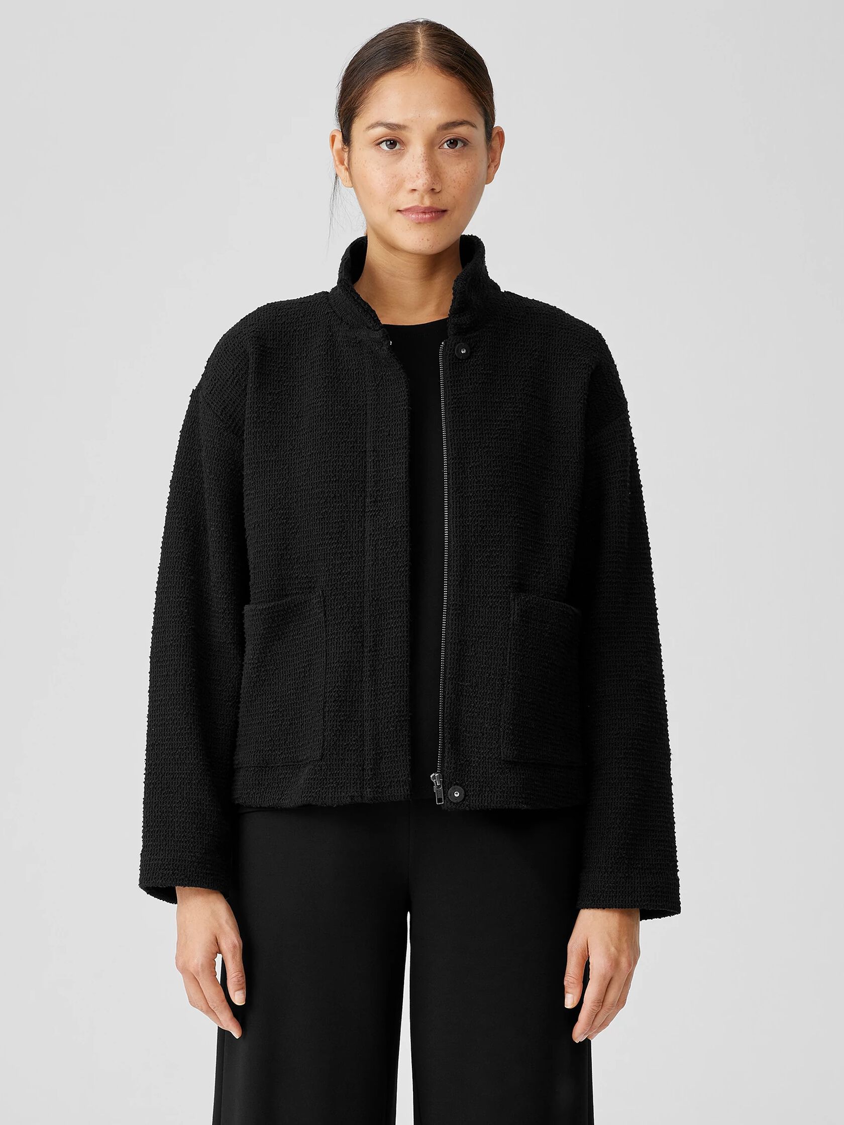 Cotton Boucle Knit Stand Collar Jacket