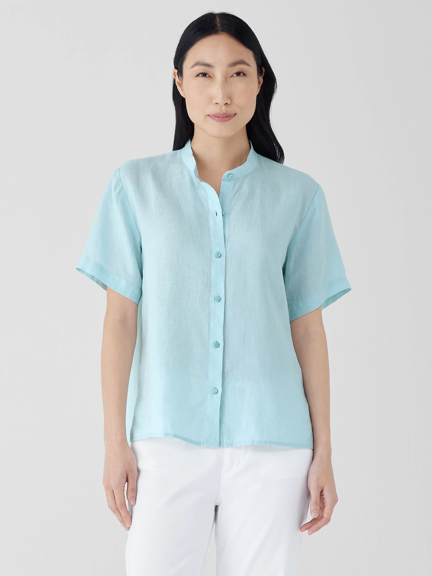 Organic Handkerchief Linen Band Collar Short-Sleeve Shirt
