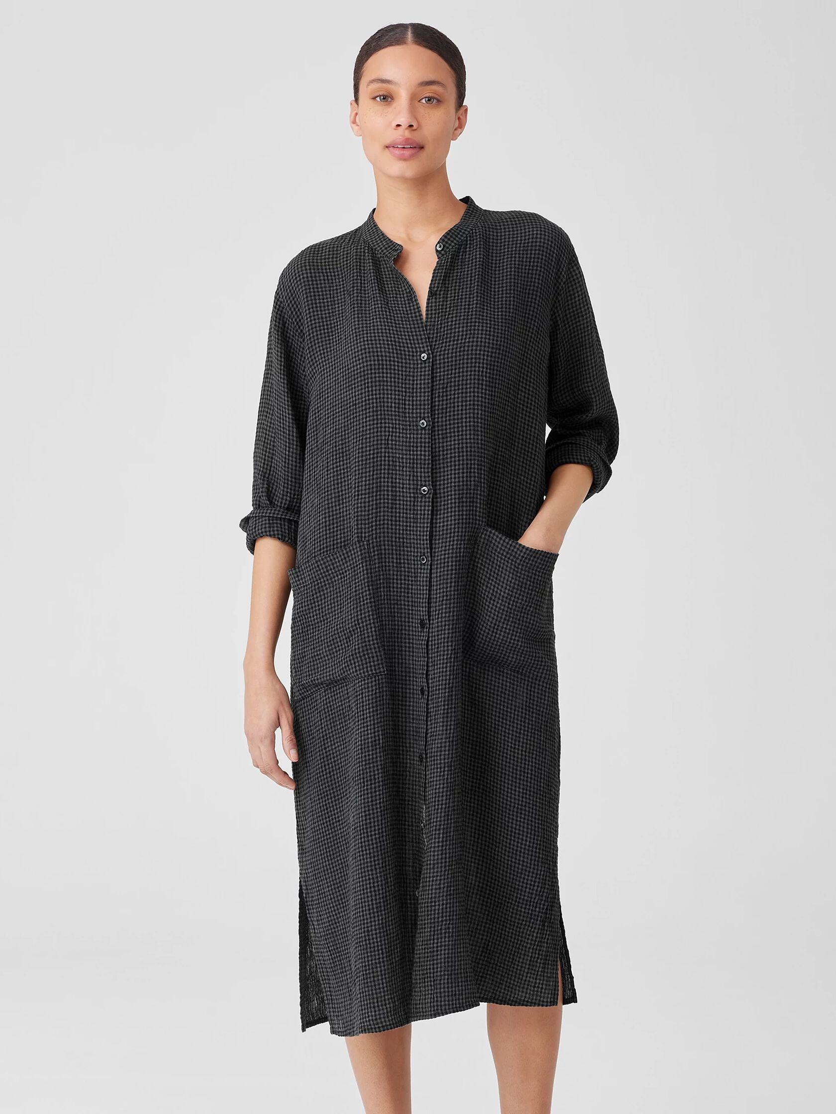 Puckered Organic Linen Mandarin Collar Shirtdress