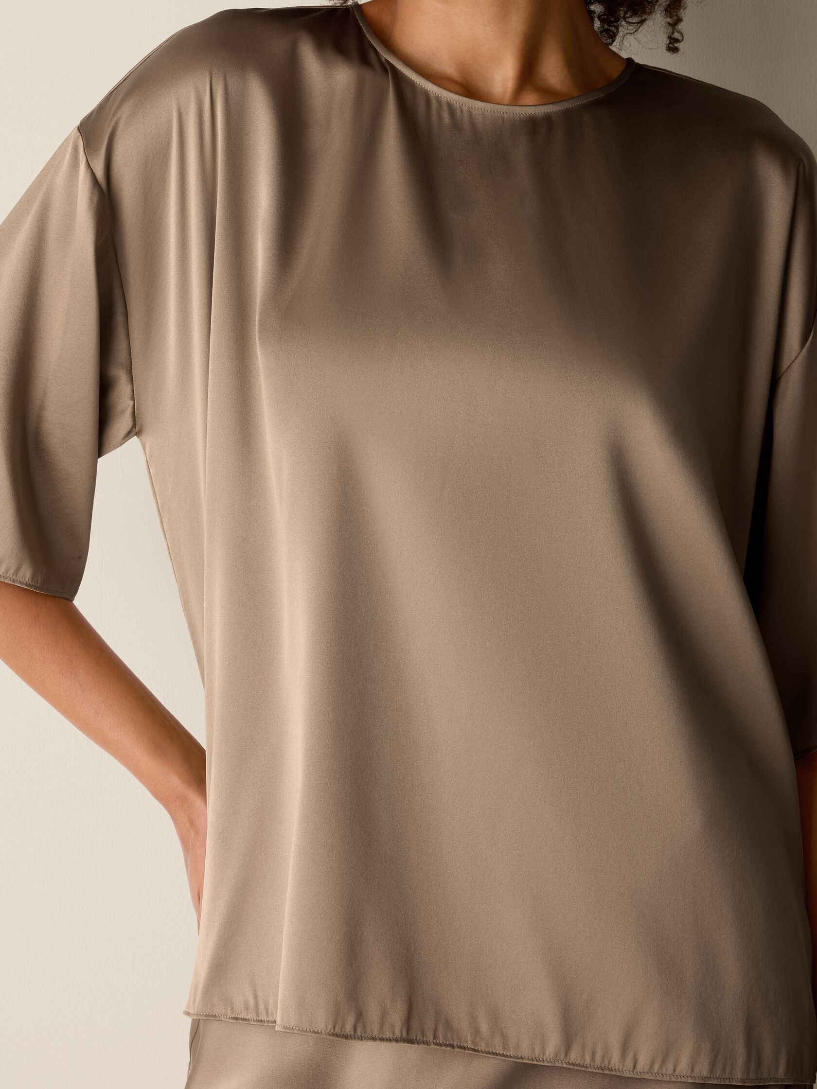 Stretch Silk Charmeuse Round Neck Top