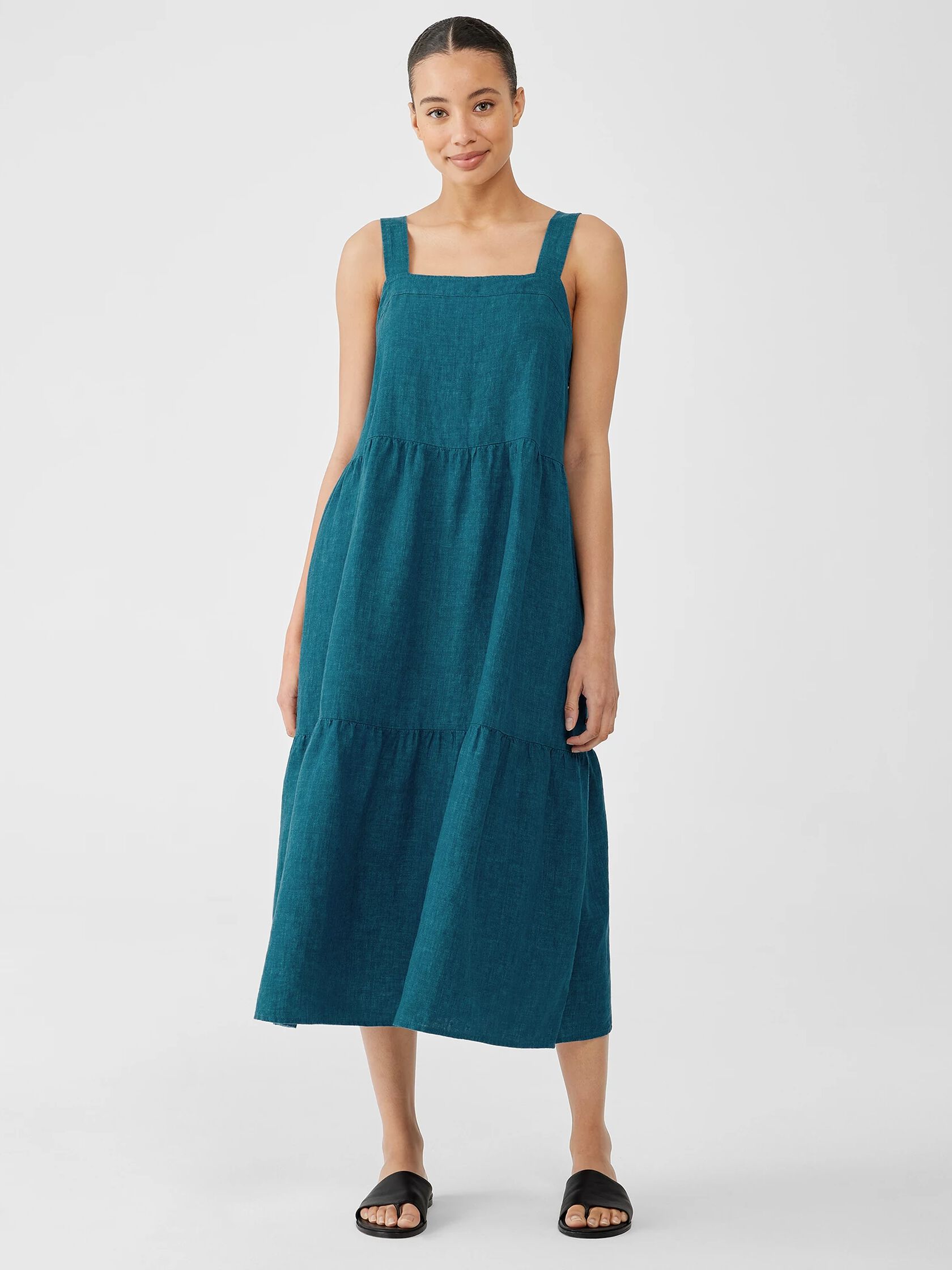Washed Organic Linen Delave Tiered Dress | EILEEN FISHER