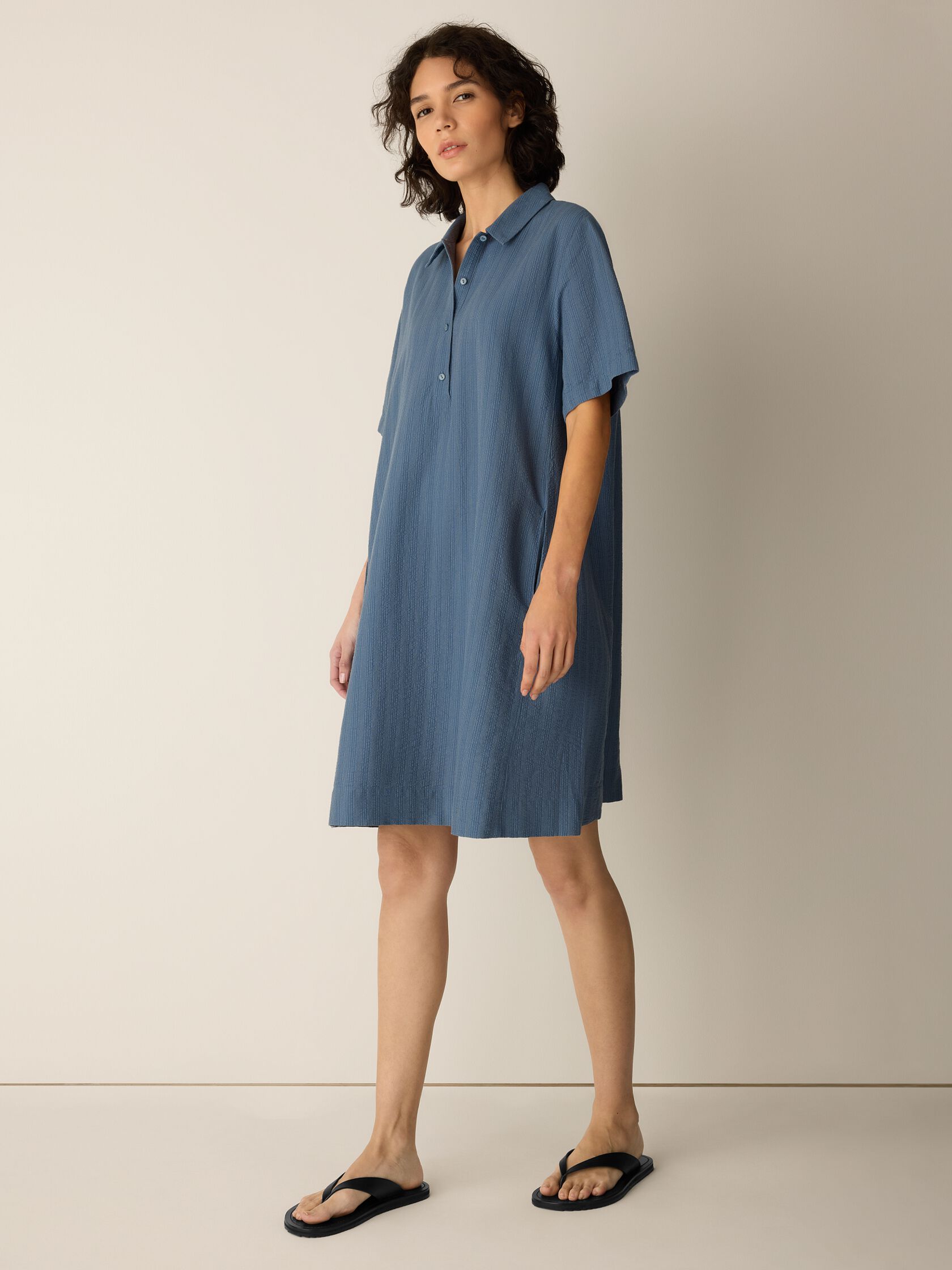 Cotton Blend Stripe Stitch Classic Collar Dress