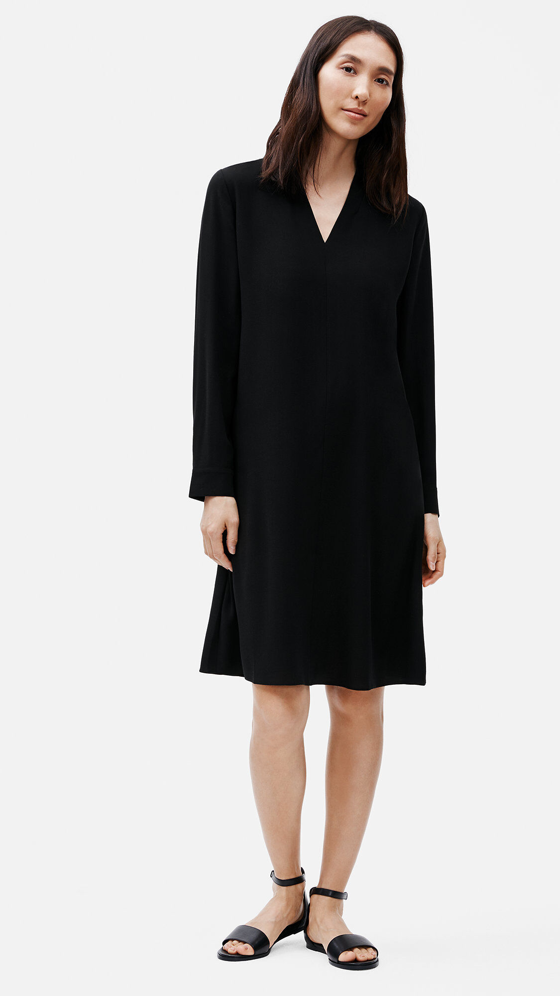 Silk Georgette Crepe V Neck Dress EILEEN FISHER