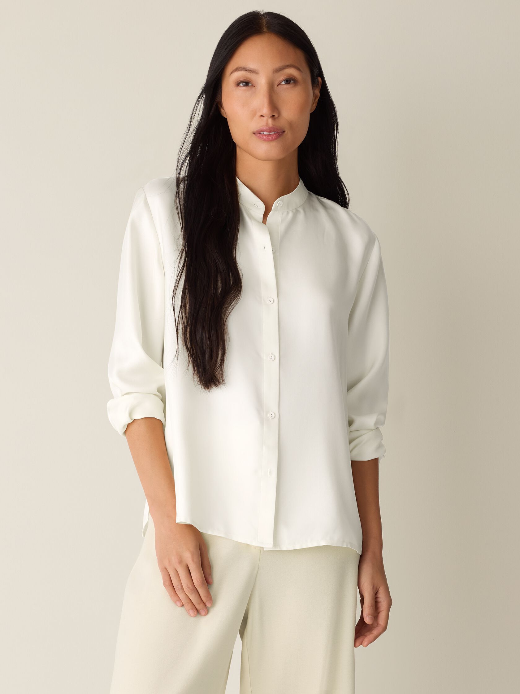 Silk Twill Band Collar Shirt