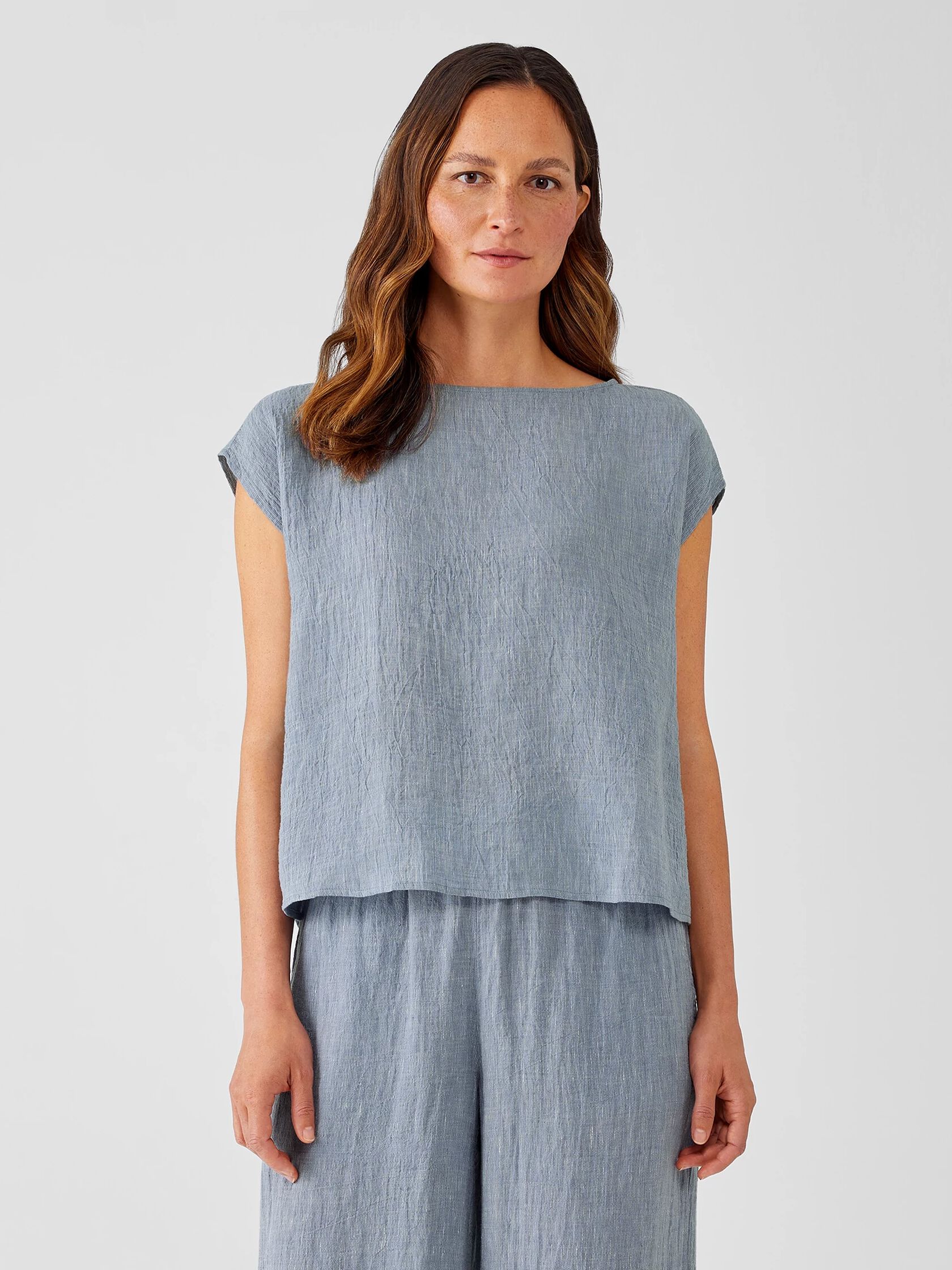 Striped Organic Linen Crinkle Shirred-Back Top