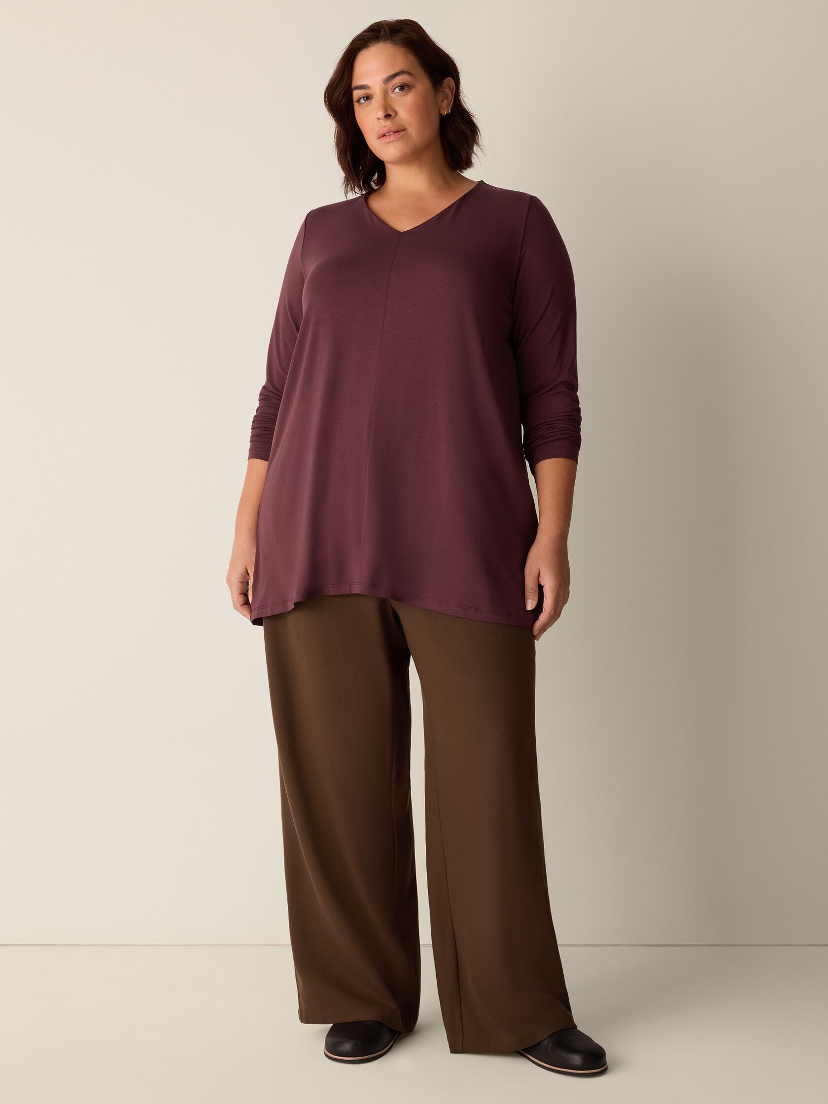 Fine Stretch Jersey Knit V-Neck Long Top