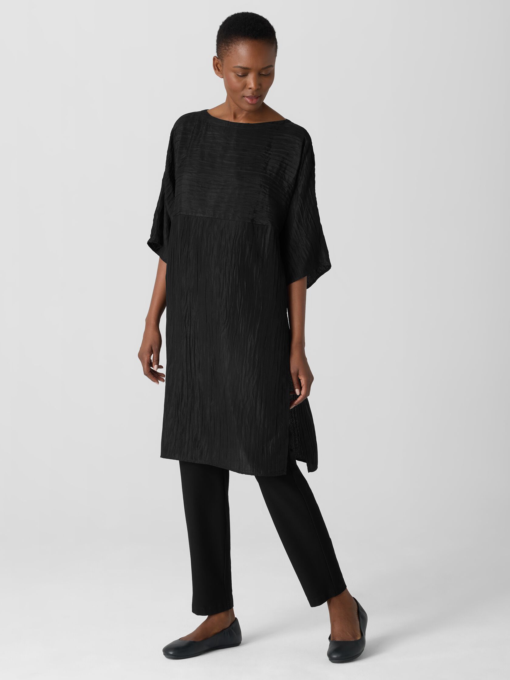 Textured Silk Jacquard Bateau Neck Long Top