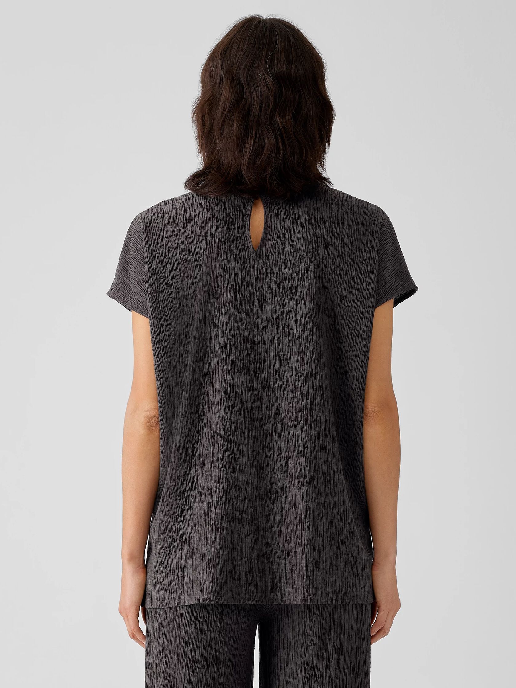 Woven Plisse Mock Neck Top