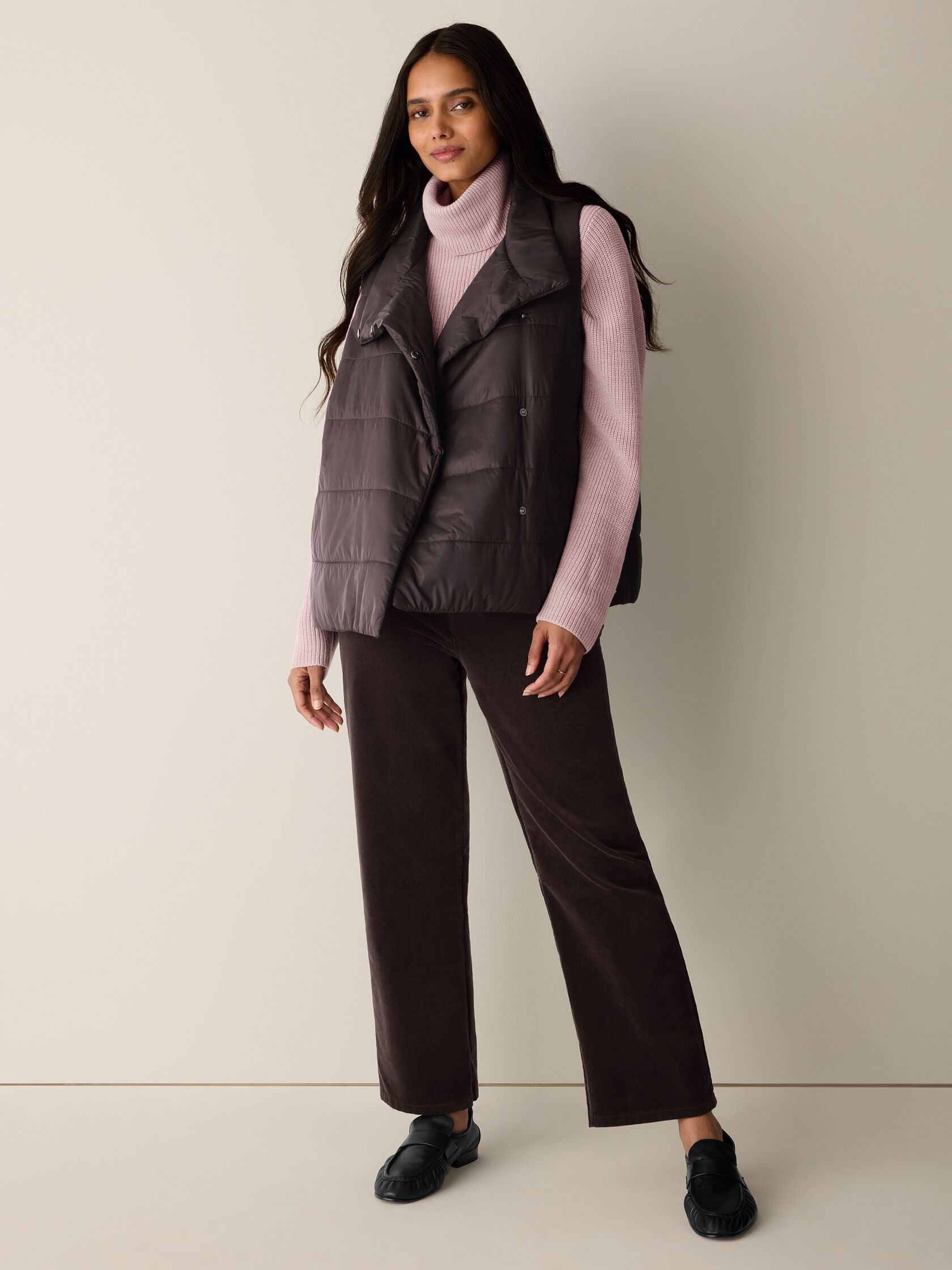 Eggshell Recycled Nylon High Collar Quilted Vest