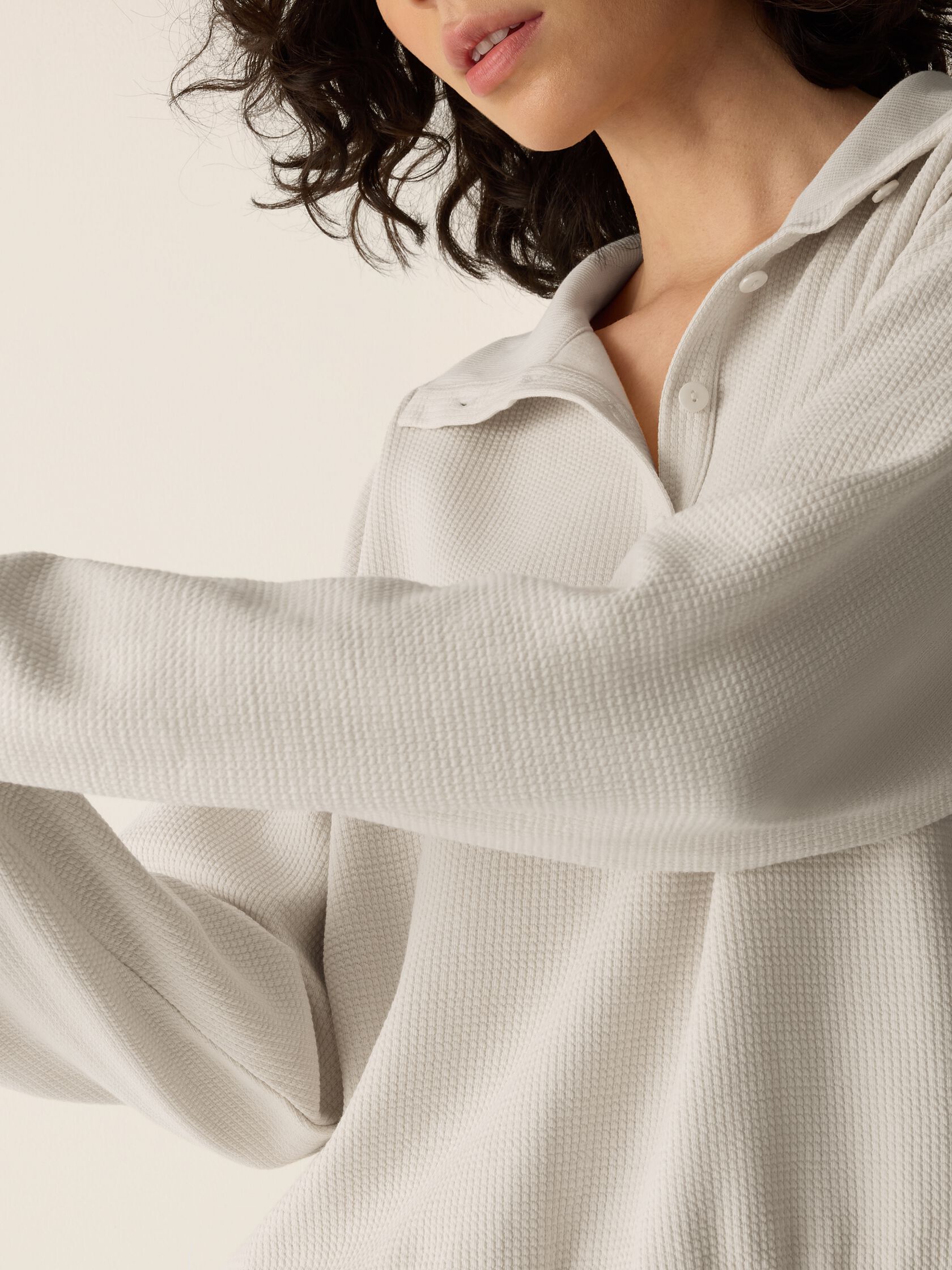 Waffle Cotton Blend Doubleknit High Collar Henley Top