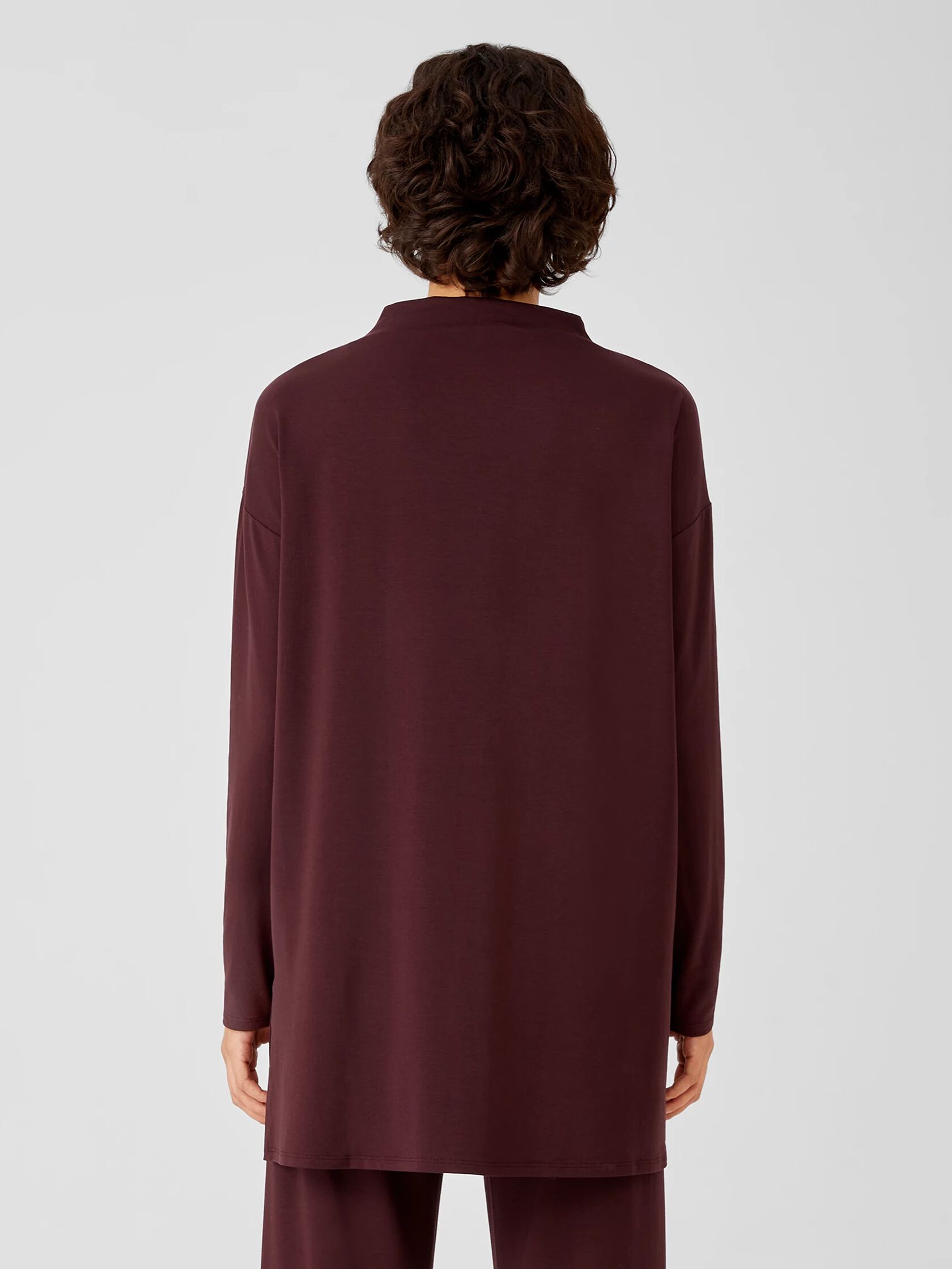 Stretch Jersey Knit Funnel Neck Long Top