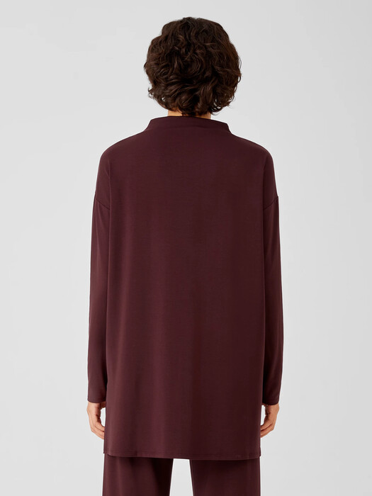 Stretch Jersey Knit Funnel Neck Long Top