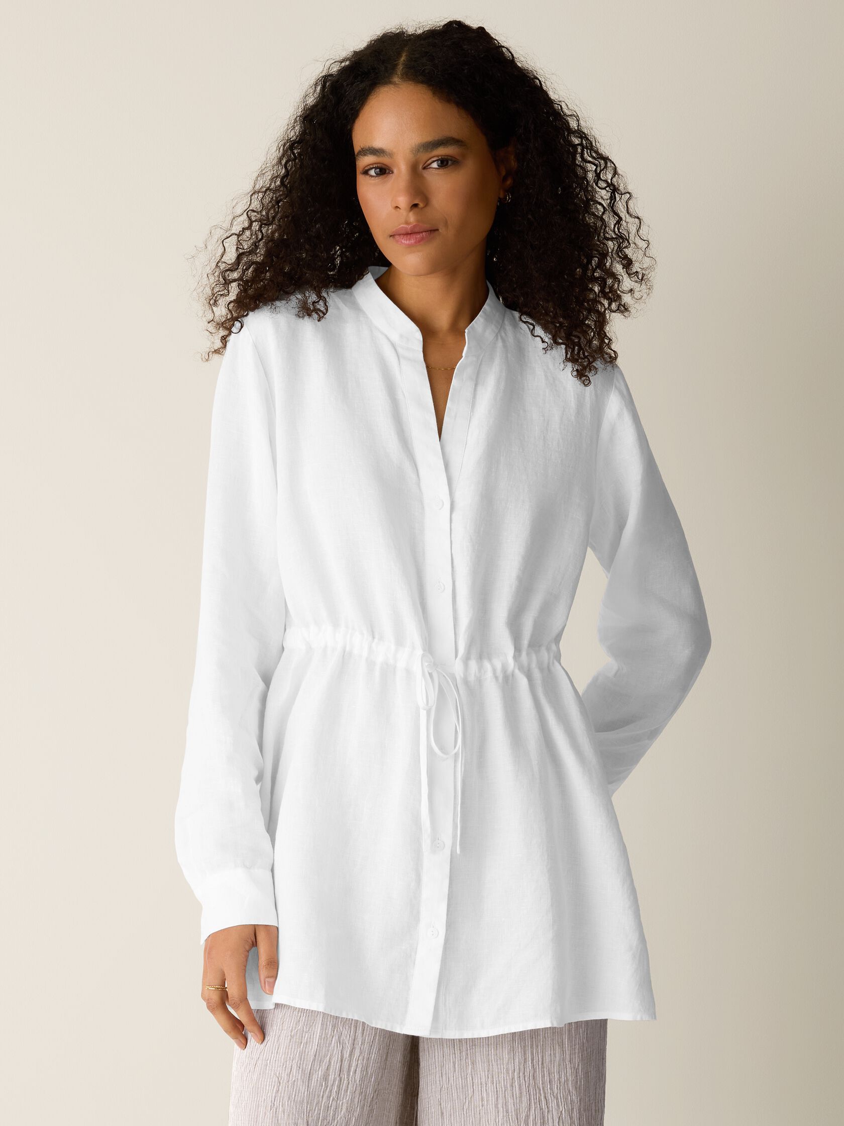 Organic Handkerchief Linen Band Collar Drawstring Shirt