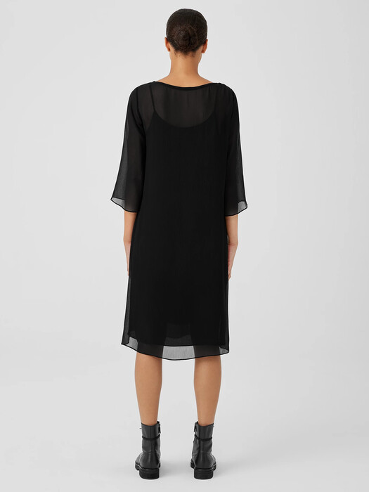 Crinkled Sheer Silk Bateau Neck Dress