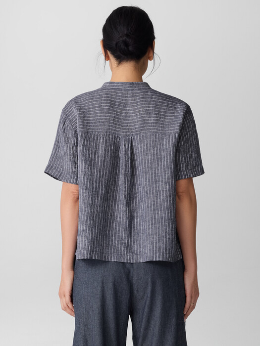 Puckered Organic Linen Band Collar Shirt