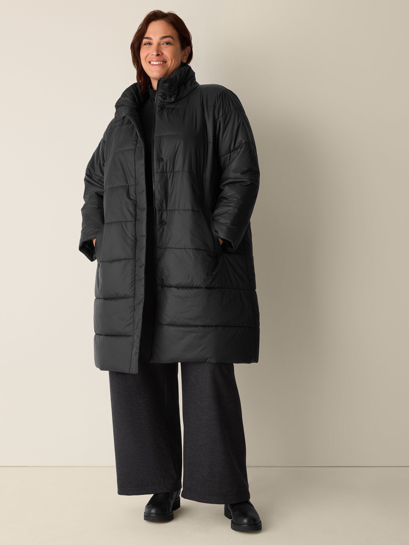 Eggshell Recycled Nylon Stand Collar Coat