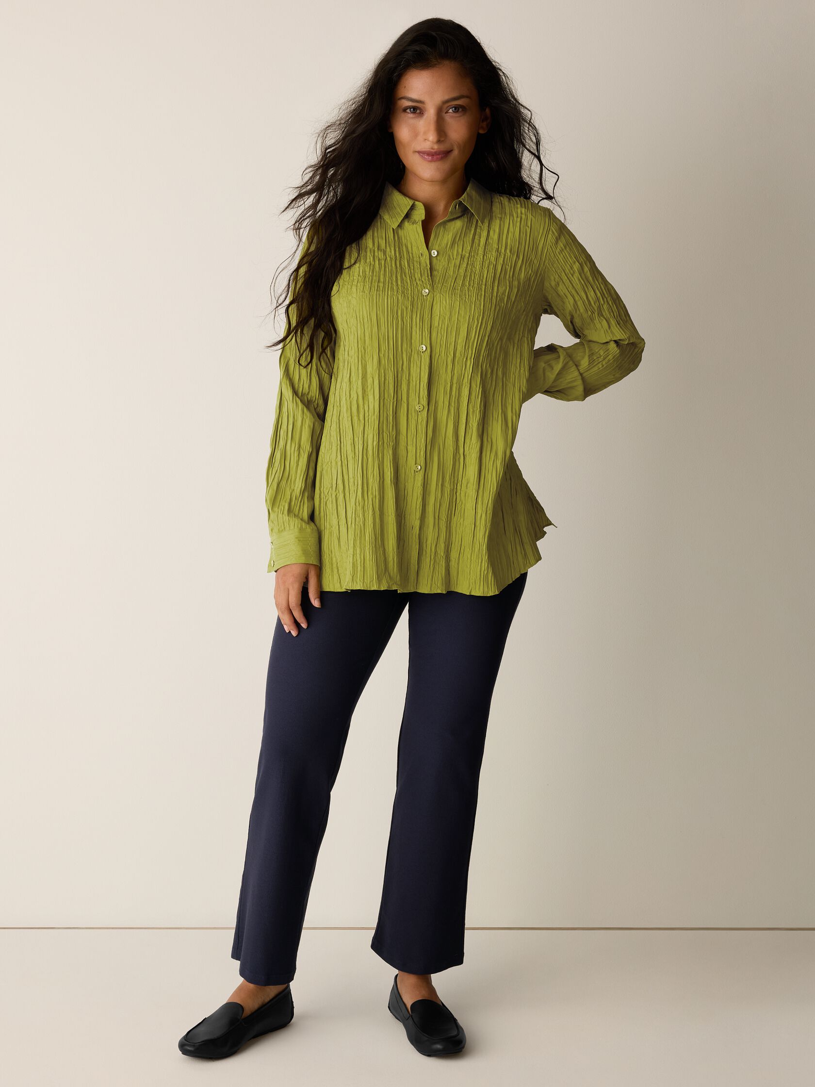 Crinkle Silk Habutai Classic Collar Shirt