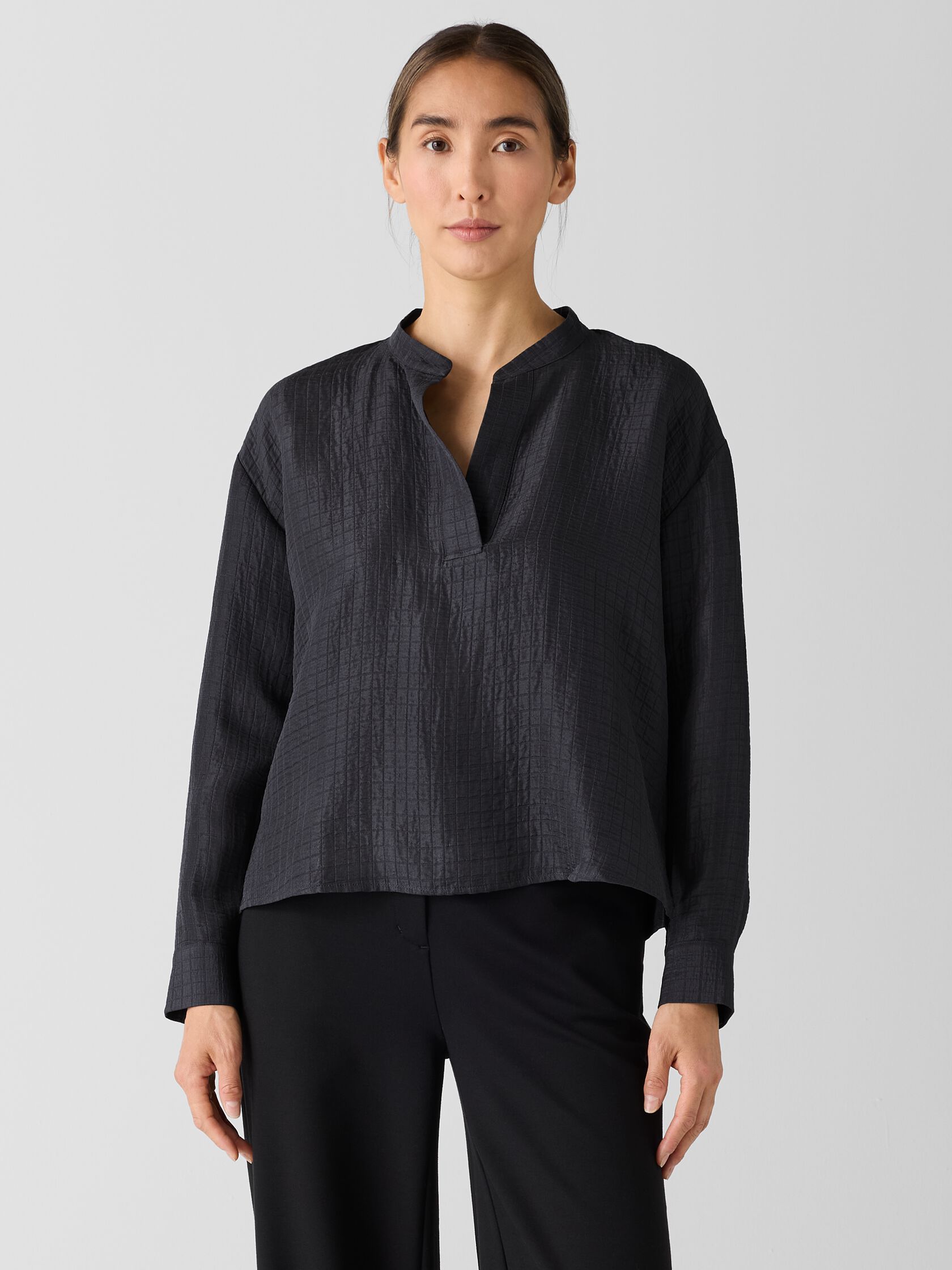Silk Linen Box Band Collar Top