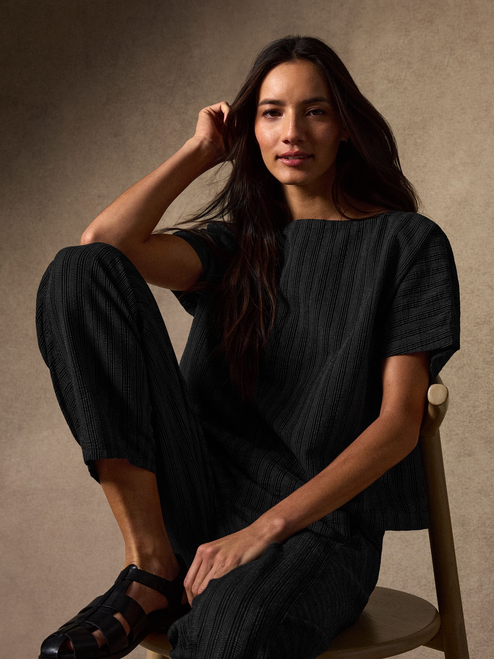 Cotton Blend Stripe Stitch Bateau Neck Top