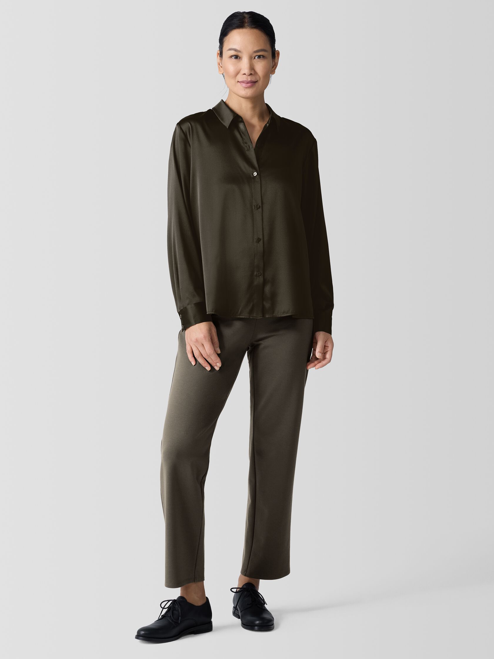 Stretch Silk Charmeuse Classic Collar Shirt