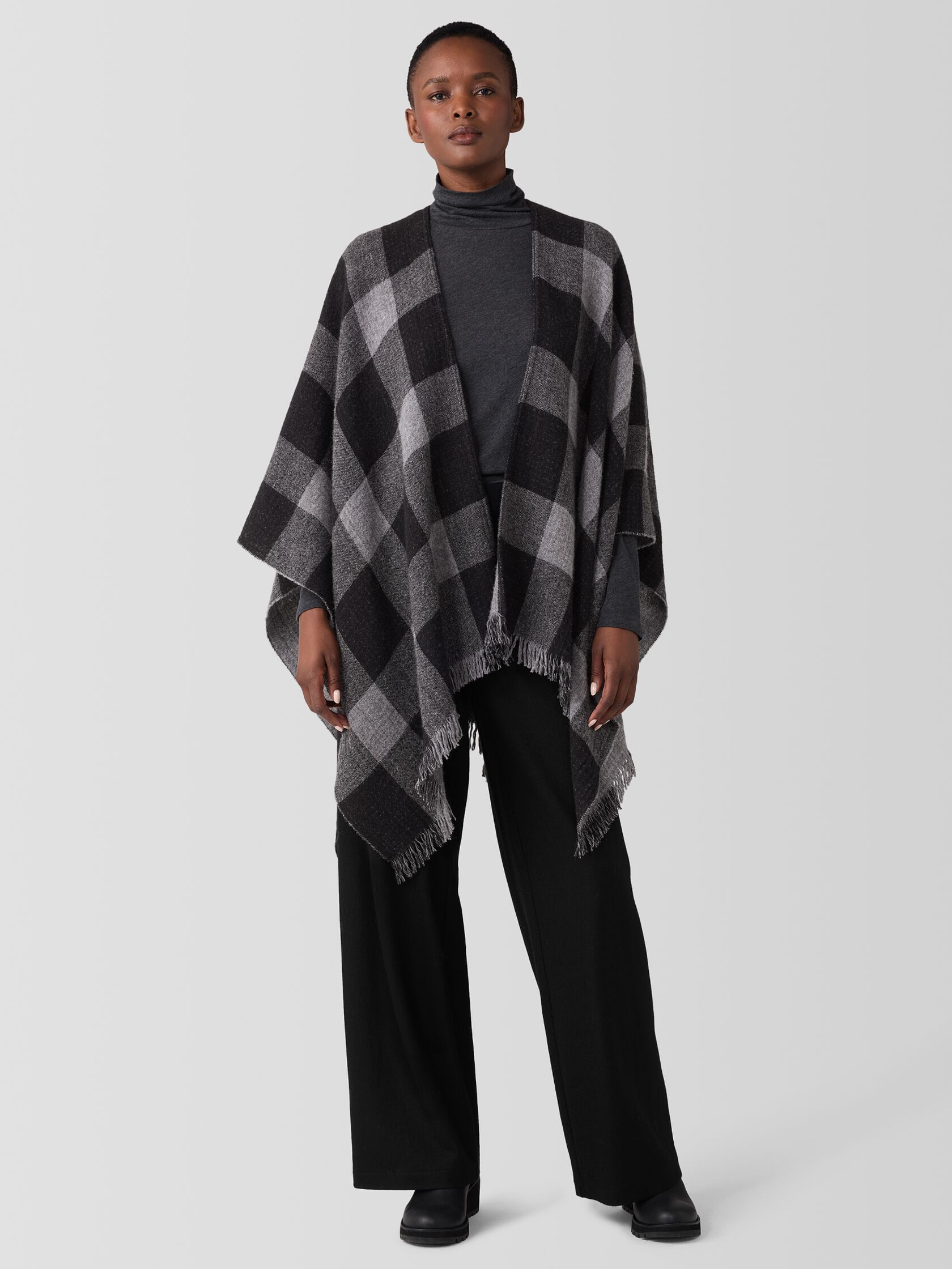 Reversible Wool Check Poncho