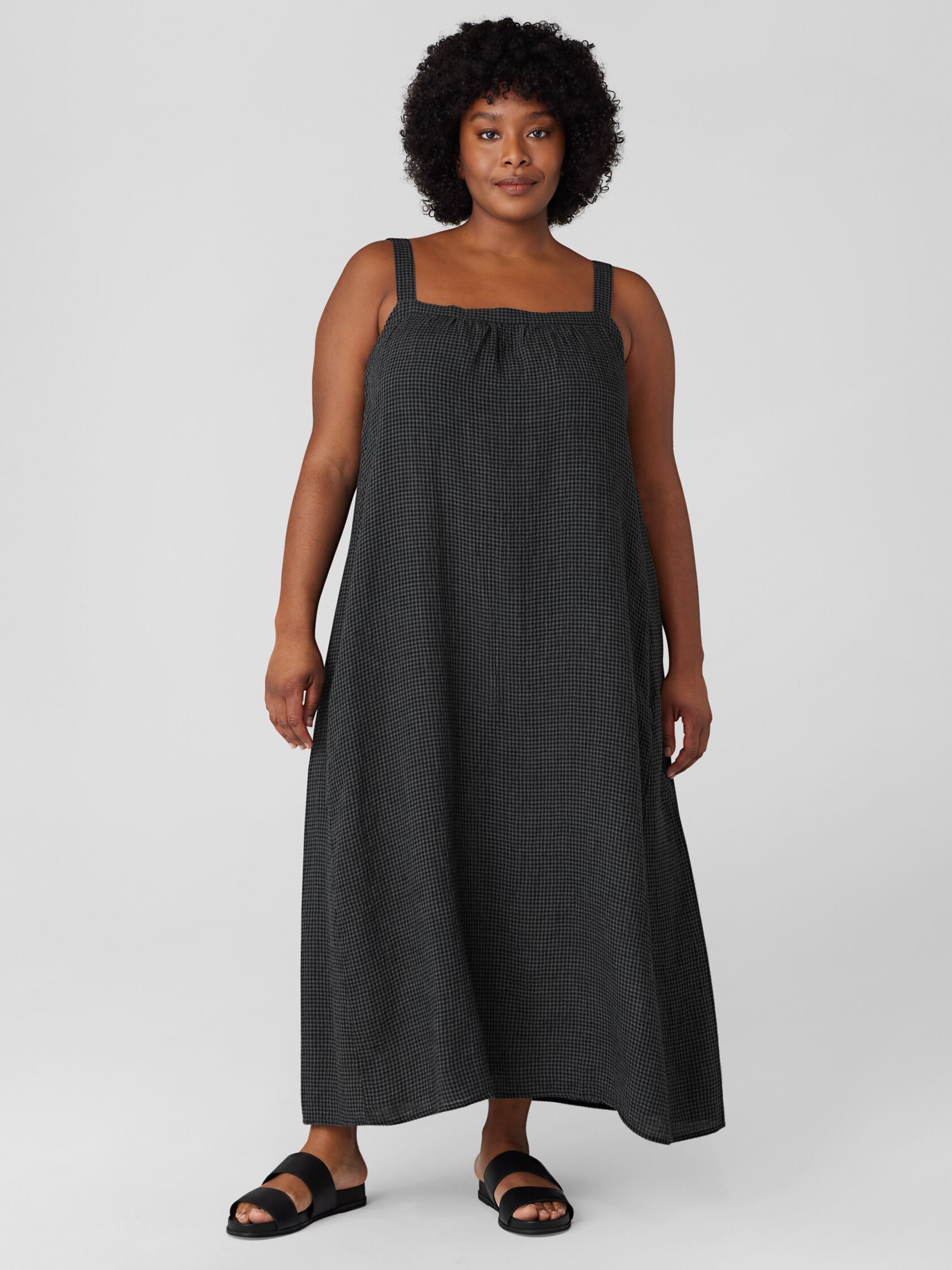 Puckered Organic Linen Square Neck Dress