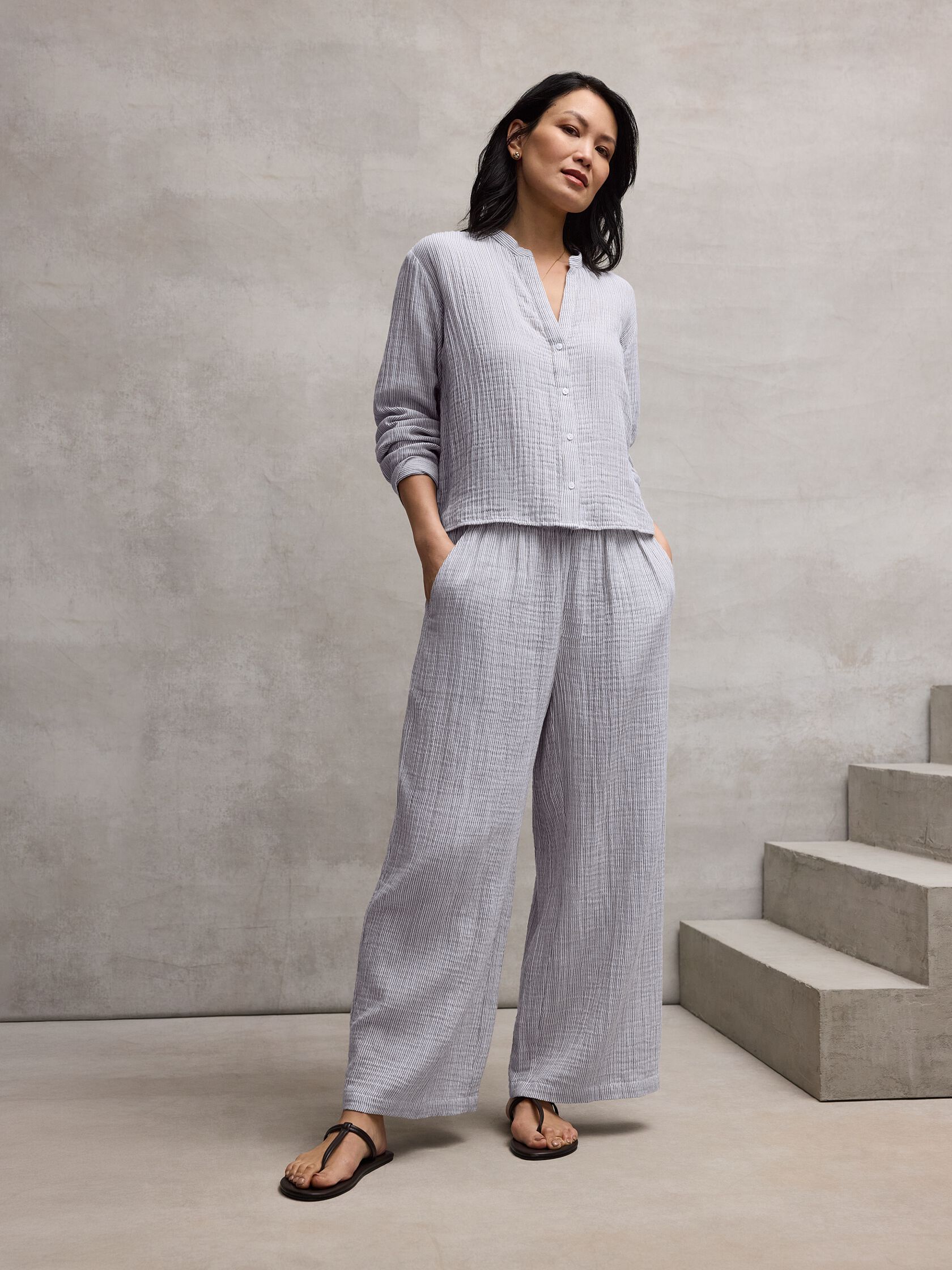 Striped Organic Cotton Gauze Wide-Leg Pant
