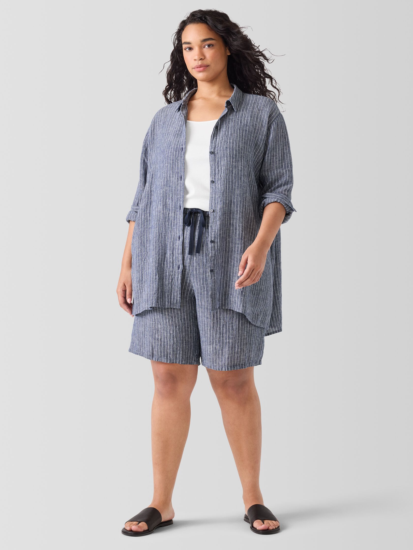 Puckered Organic Linen Classic Collar Long Shirt