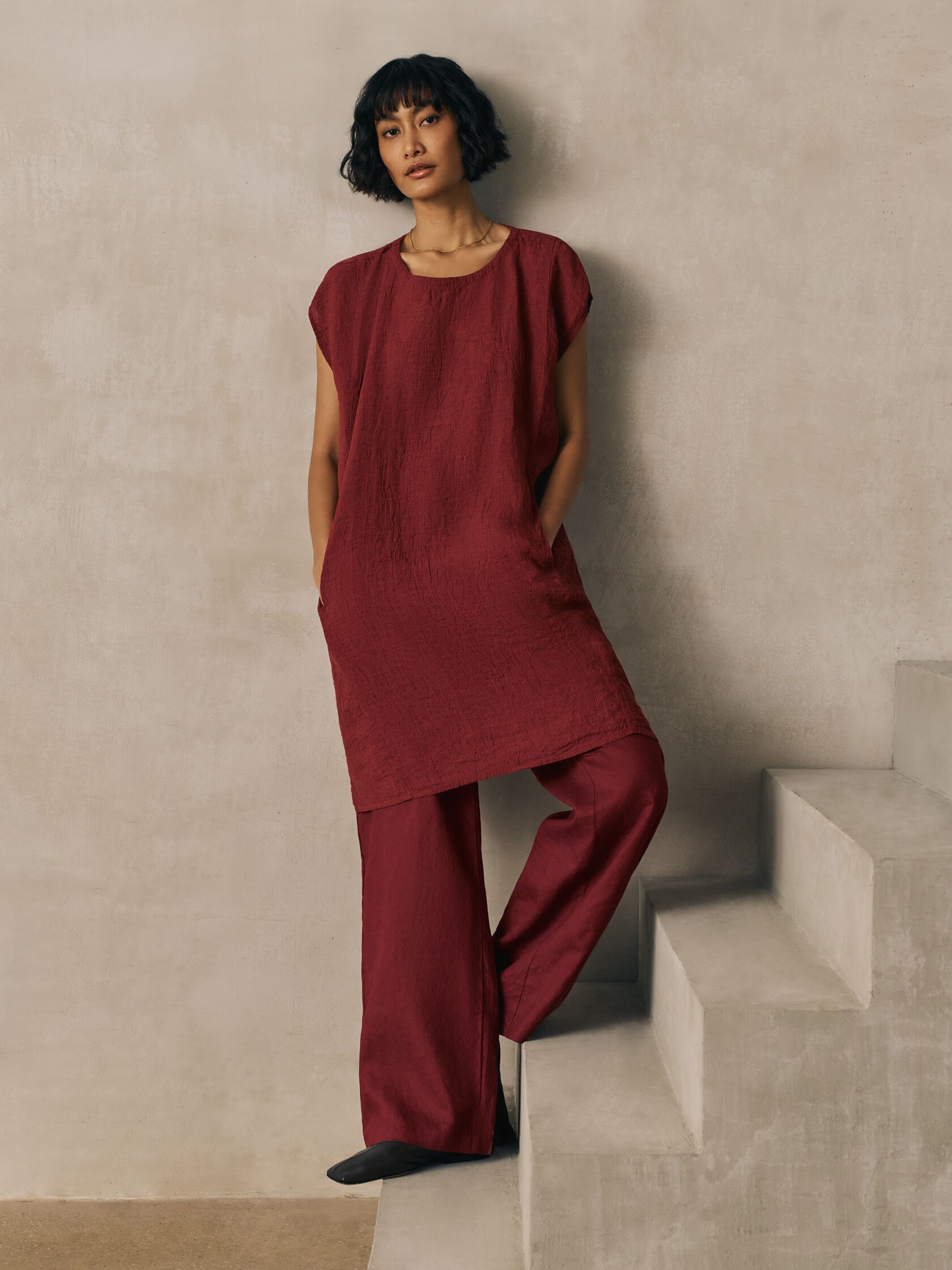 Puckered Organic Linen Stripe Jewel Neck Dress