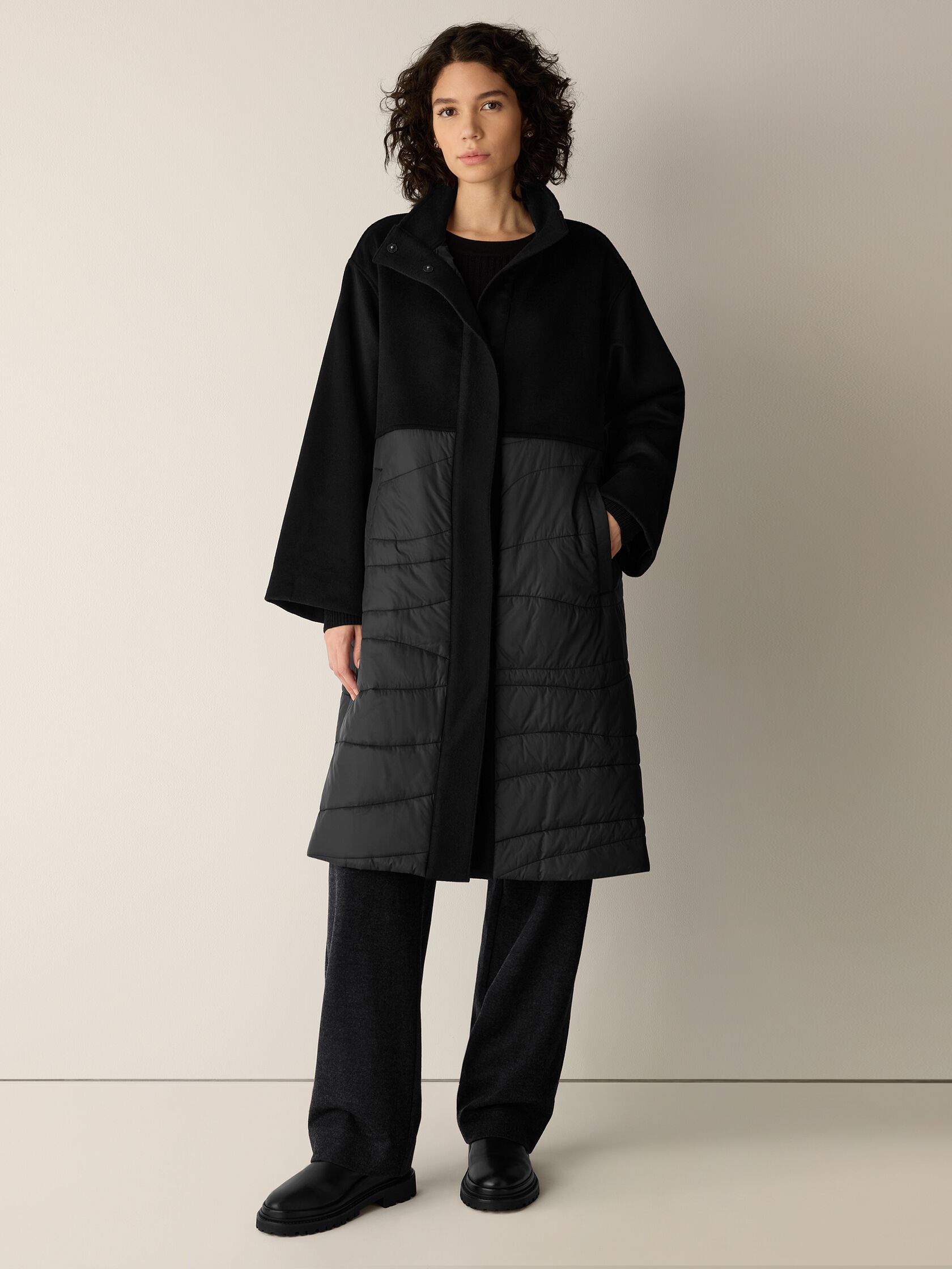 Eggshell Recycled Nylon Stand Collar Coat