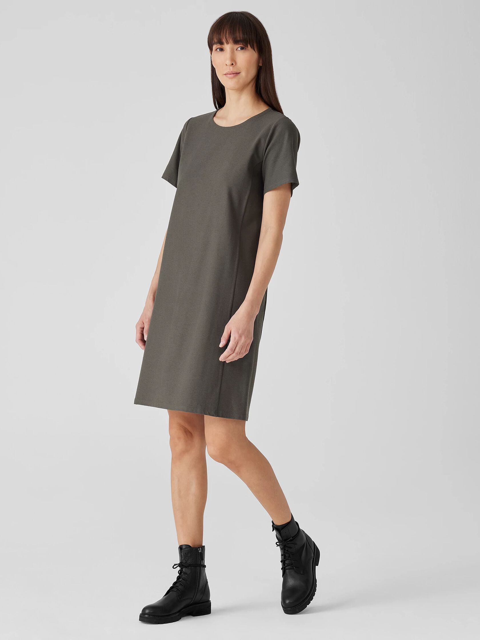 Washable Stretch Crepe Jewel Neck Dress