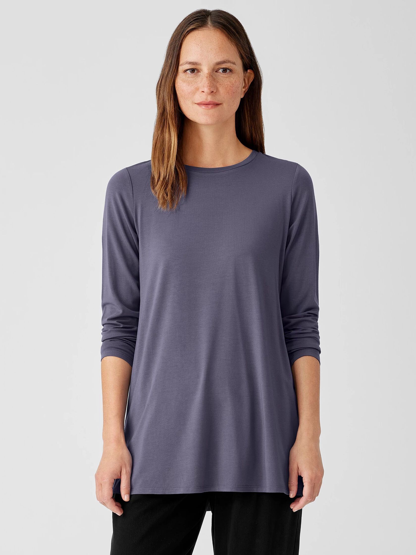 Stretch Jersey Knit Crew Neck Long Top