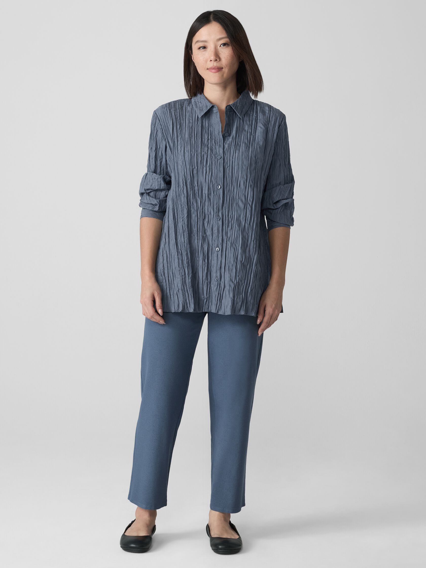 Crinkle Silk Habutai Classic Collar Shirt