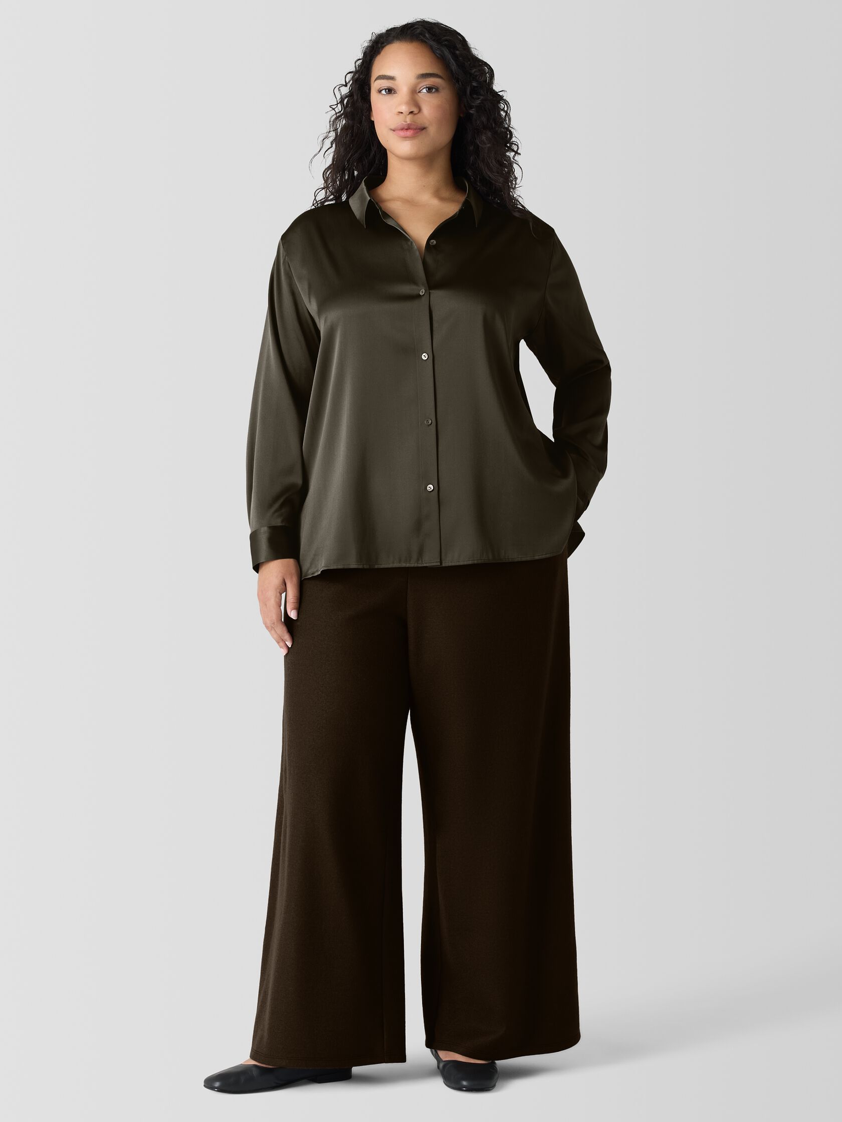 Stretch Silk Charmeuse Classic Collar Shirt